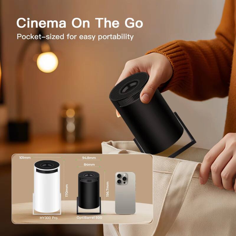 Cinema On The Go  
Pocket-sized for easy portability  

HY300 Pro  
OptiBarrel 500  

Dimensions:  
HY300 Pro: 101mm x 170mm  
OptiBarrel 500: 94.8mm x 84mm x 156.7mm