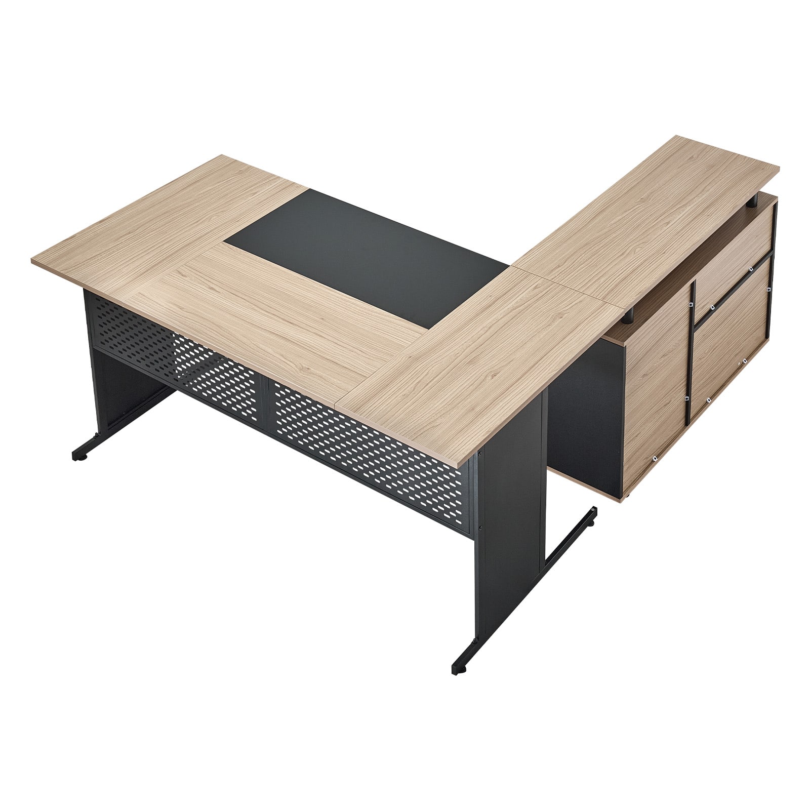 VEVOR - L-Shaped Executive Desk, Modern Reversible Office Table with Drawers & Storage Cabinet - Black + Brown