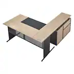 Front. VEVOR - L-Shaped Executive Desk, Modern Reversible Office Table with Drawers & Storage Cabinet - Black + Brown.