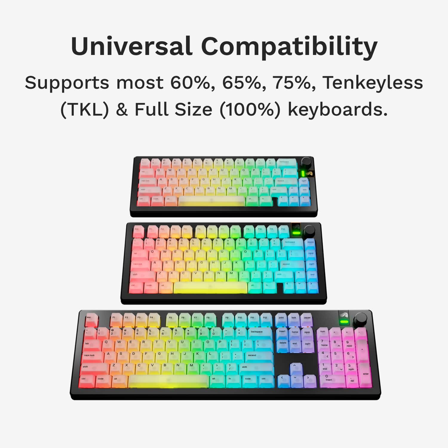 Universal Compatibility
Supports most 60%, 65%, 75%, Tenkeyless (TKL) & Full Size (100%) keyboards.