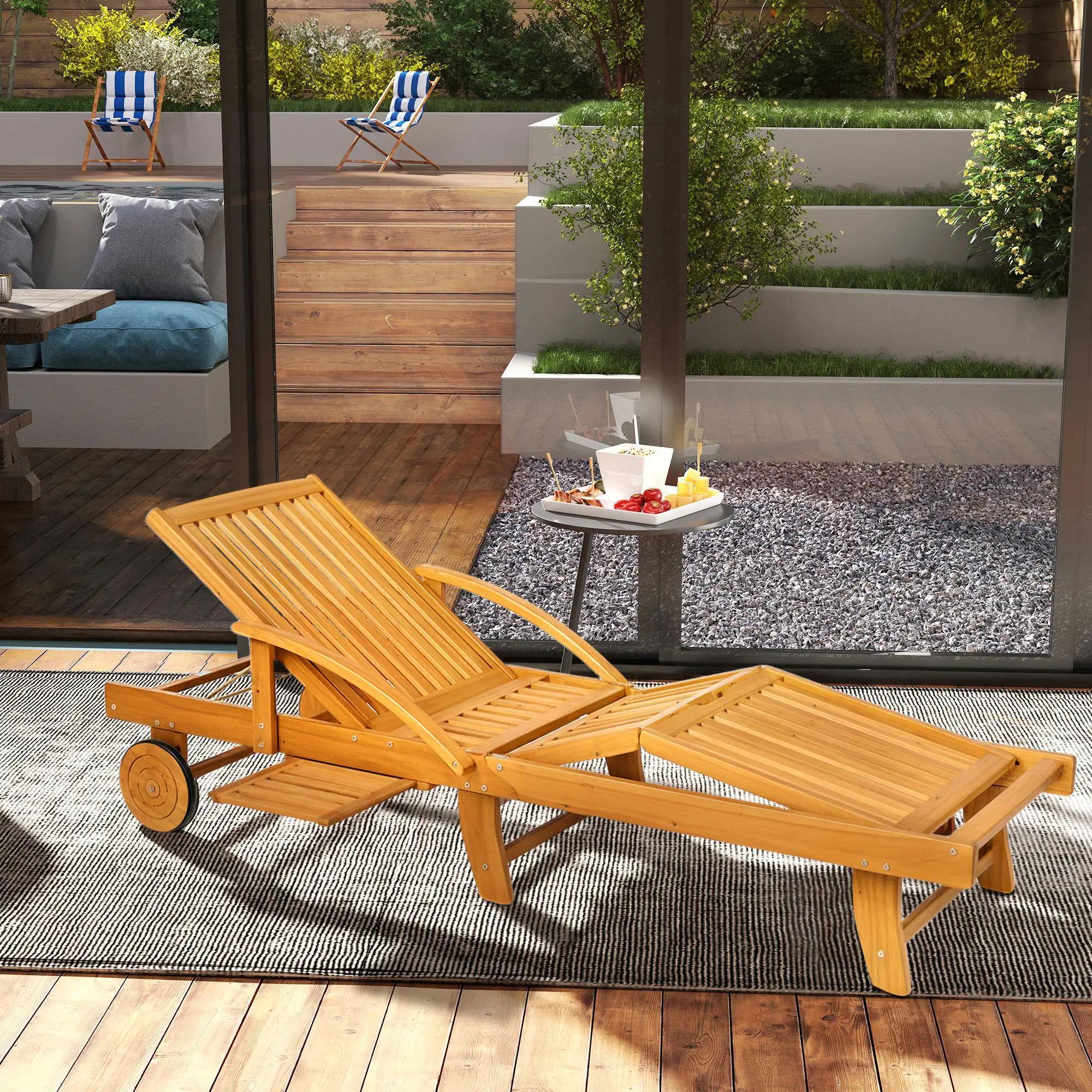 Back. Resenkos - Resenkos Premium 4Level Adjustable Tanning Chair With Wheels, Acacia Wood Patio Lounger, Teak - Teak.