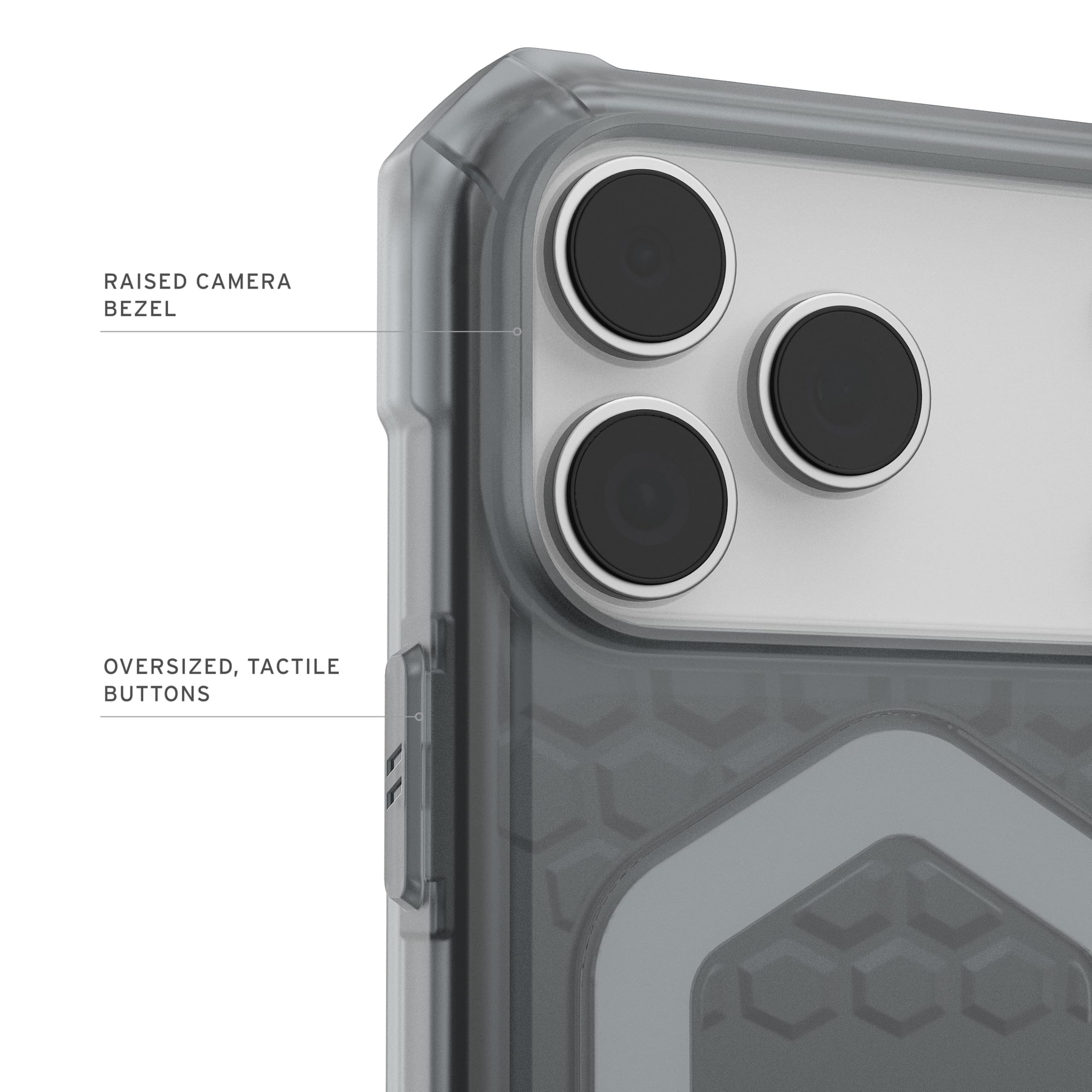 RAISED CAMERA BEZEL  
OVERSIZED, TACTILE BUTTONS