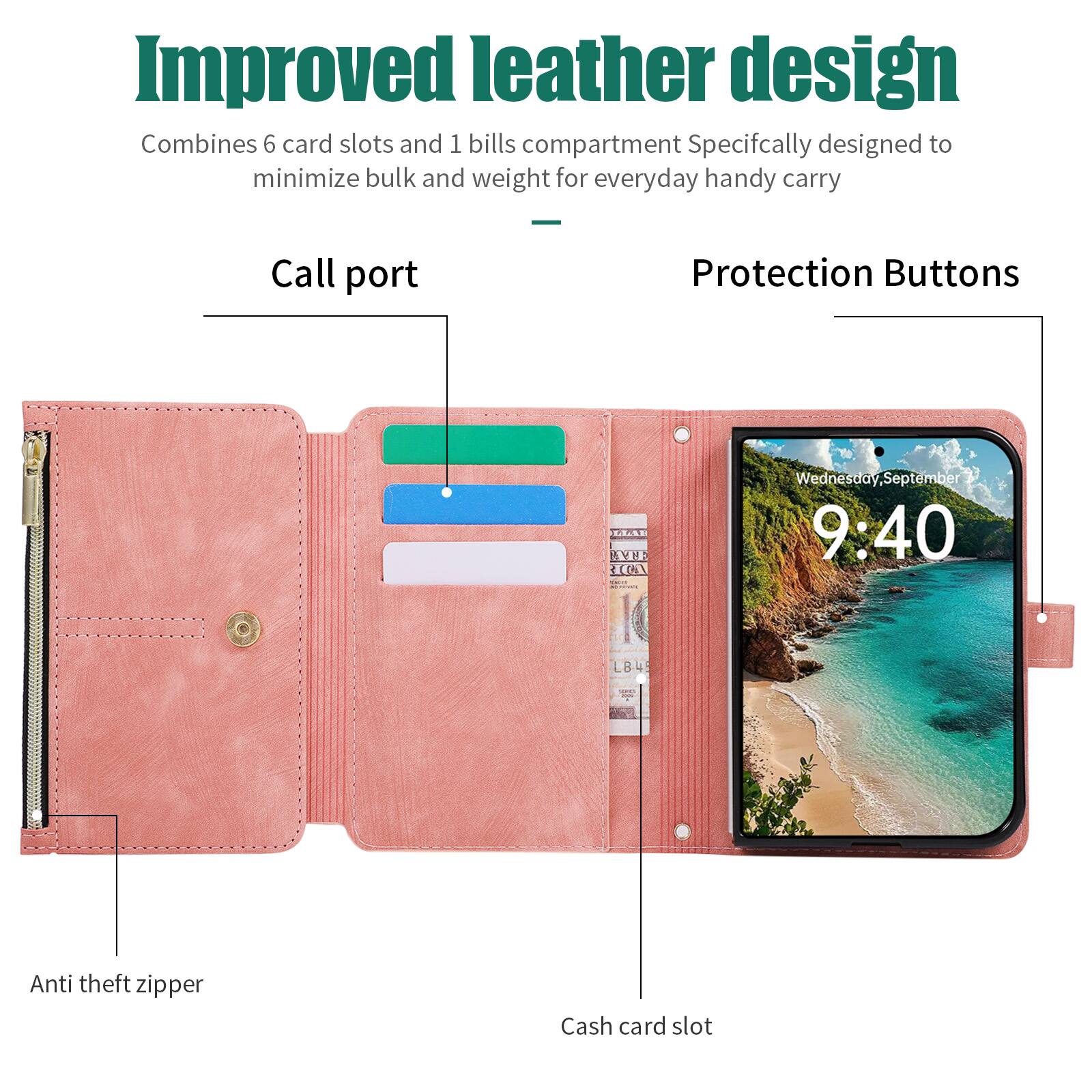 Improved leather design  
Combines 6 card slots and 1 bills compartment  
Specifically designed to minimize bulk and weight for everyday handy carry

- Call port
- Protection Buttons
- Anti theft zipper
- Cash card slot