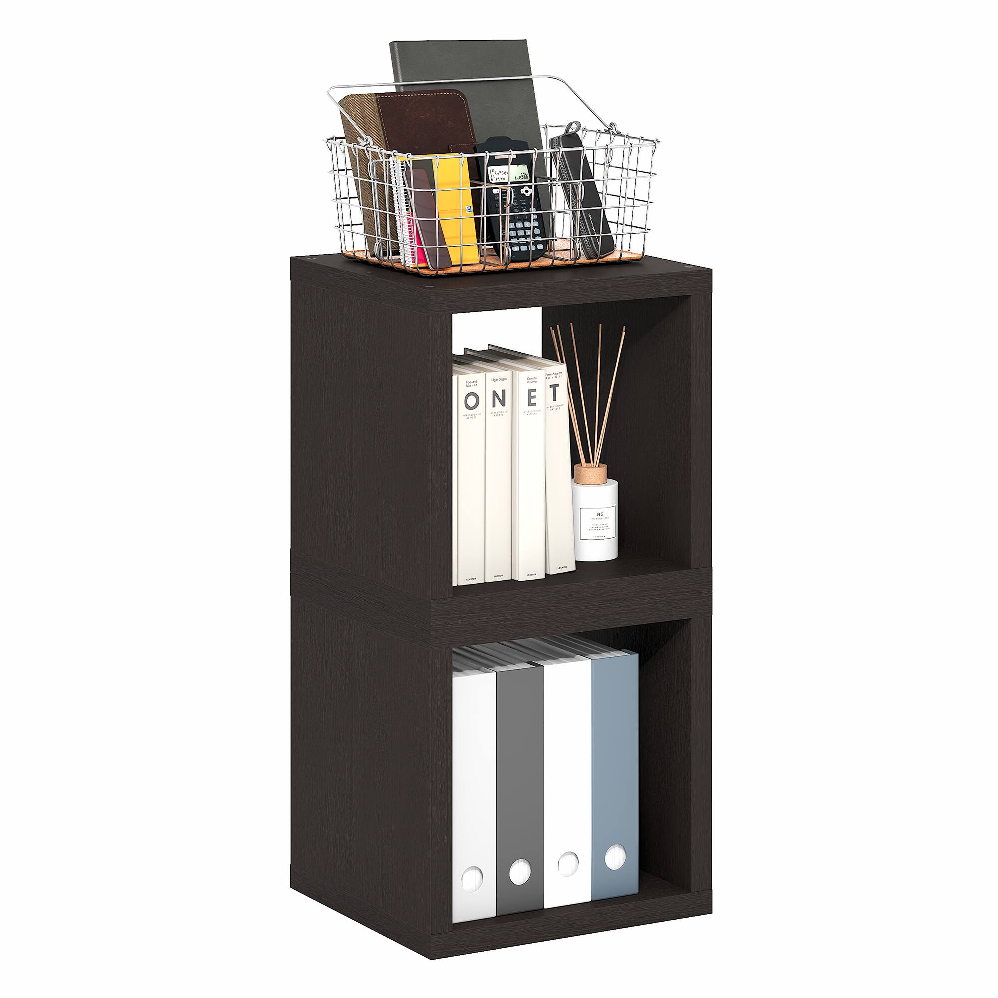 Front. Furinno - CUBICLE Stackable Bookshelf, Cube Storage Organizer Bookcase, 15.8 x 15.8 x 14.6, for Living Room, Bedroom, Home Office - Black Dark Oak.