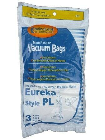 A MUST FOR ALLERGY SUFFERERS!!  
326 E EnviroCare TECHNOLOGIES Micro Filtration Vacuum Bags  
99.7% Filtration Traps Microscopic Particles and Allergens  
Filtracion 99.7% Trampa Particulas Microscopicas de Fieles  
99.7% Fitracin Particulas Microscopicas de Alergenos  
Designed to Fit: Eureka Style PL BAGS  
Diseñado a Medida: Eureka Style PL BAGS  
3 BAGS  
3 SACS  
3 BOLSAS