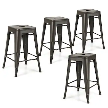 Front. Gymax - Gymax 24'' Metal Bar Stools Set of 4 w/ Square Seat Patio Bar Stools Home Kitchen Gun - Gun.