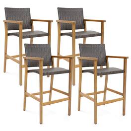 Gymax - Patio Rattan Bar Stool Set of 4 Outdoor PE Wicker Bar Chairs w/ Armrests & Sturdy Footrests - Teak, Mix Brown