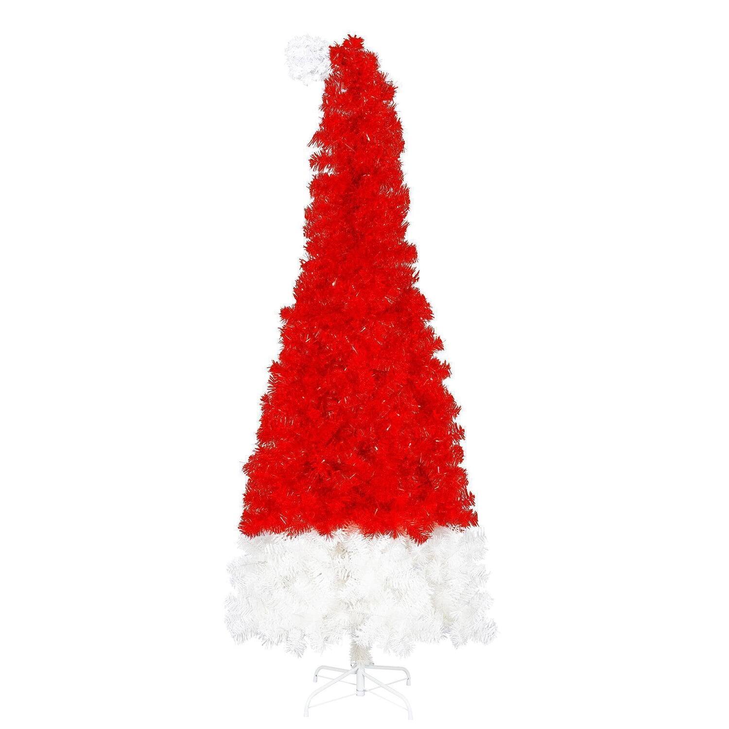 Alt View 5. Pefilos - 6ft Artificial Christmas Tree with LED Lights & 1050 Tips, Curved Xmas Tree with Santa Hat Shape for Festive Holiday - Red.