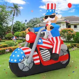 GOOSH Inflatables - GOOSH 6FT Patriotic Independence Day Inflatable Uncle Sam Sitting on Motorcycle with LED Lights - Blue