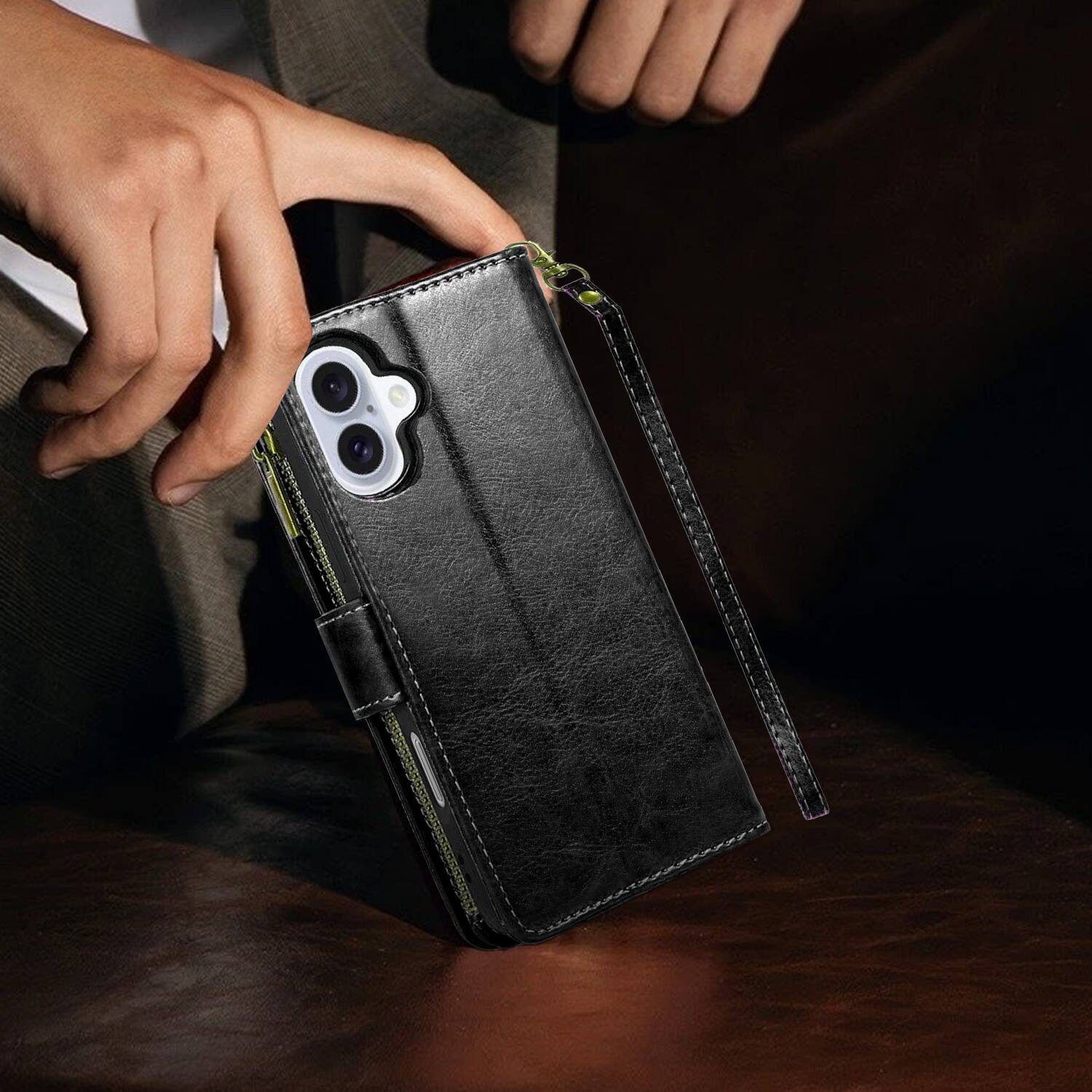 Alt View 6. Equipd - Phone Case for iPhone 16 6.1", Luxury Wallet Card ID Zipper Money Holder Cover (Black) - Black.