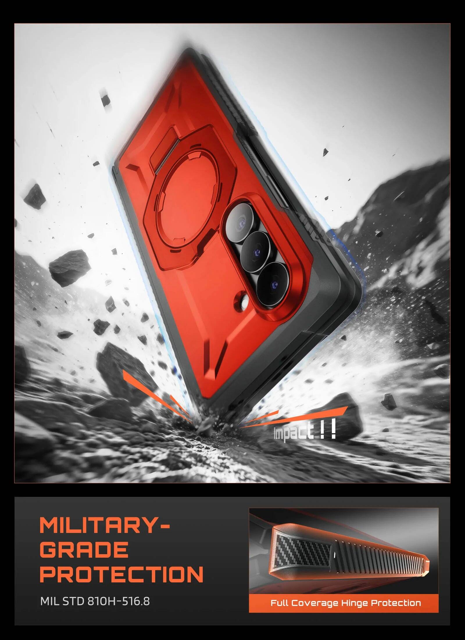 Impact!! MILITARY-GRADE PROTECTION MIL STD 810H-516.8 Full Coverage Hinge Protection