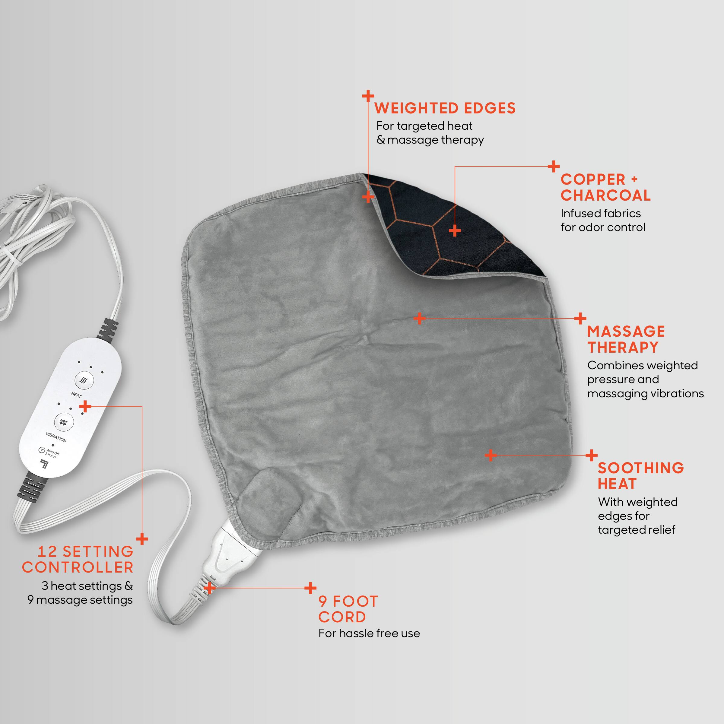 The image features a massage device with a cord and a foot controller. The device has weighted edges for targeted heat and massage therapy, and it also has copper charcoal infused fabrics for odor control. The massage therapy combines weighted pressure and massaging vibrations. The device has 12 setting options, including three heat settings and nine massage settings. The foot controller allows for hassle-free use, and the soothing heat with weighted edges provides targeted relief.