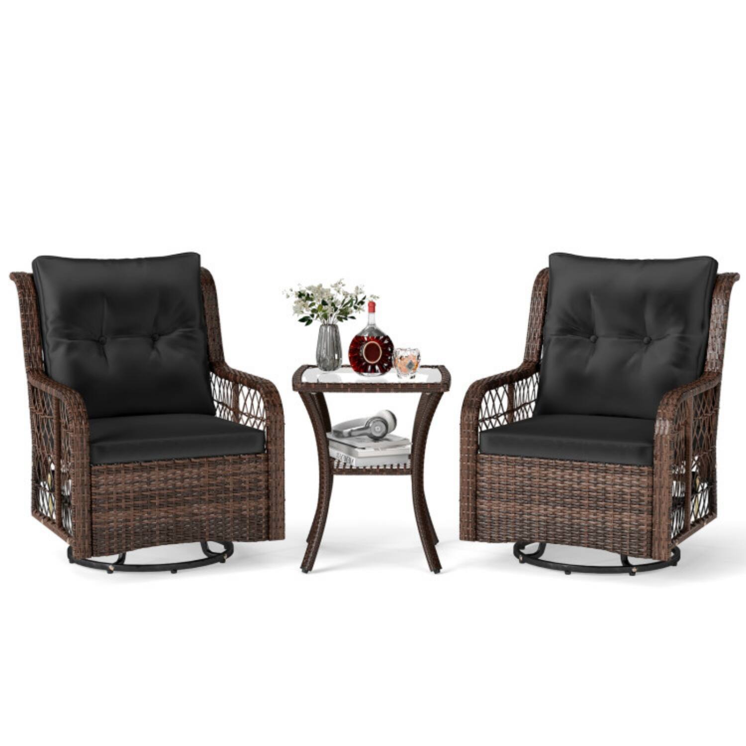 Alt View 4. Mondawe - 30 x 26 x 35 IN Freestanding Patio Swivel Glider Set with Table and Cushions 3-Piece - Mix Brown+Black.