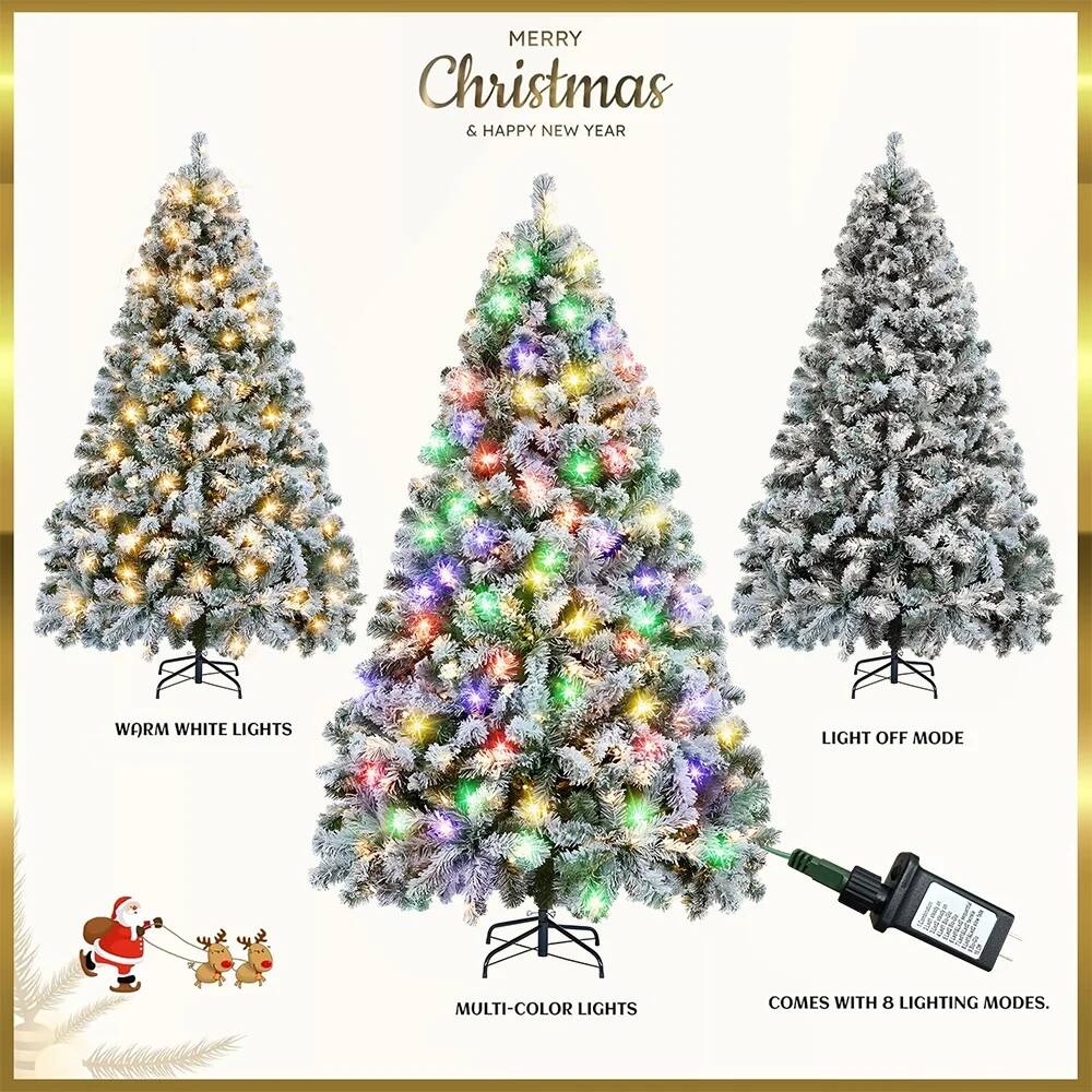Alt View 1. MOVSSOU - Christmas Tree 550 Multicolored Lights Snow Flocked Pine Tree 9 Light Lighting Modes Party Decoration - white.