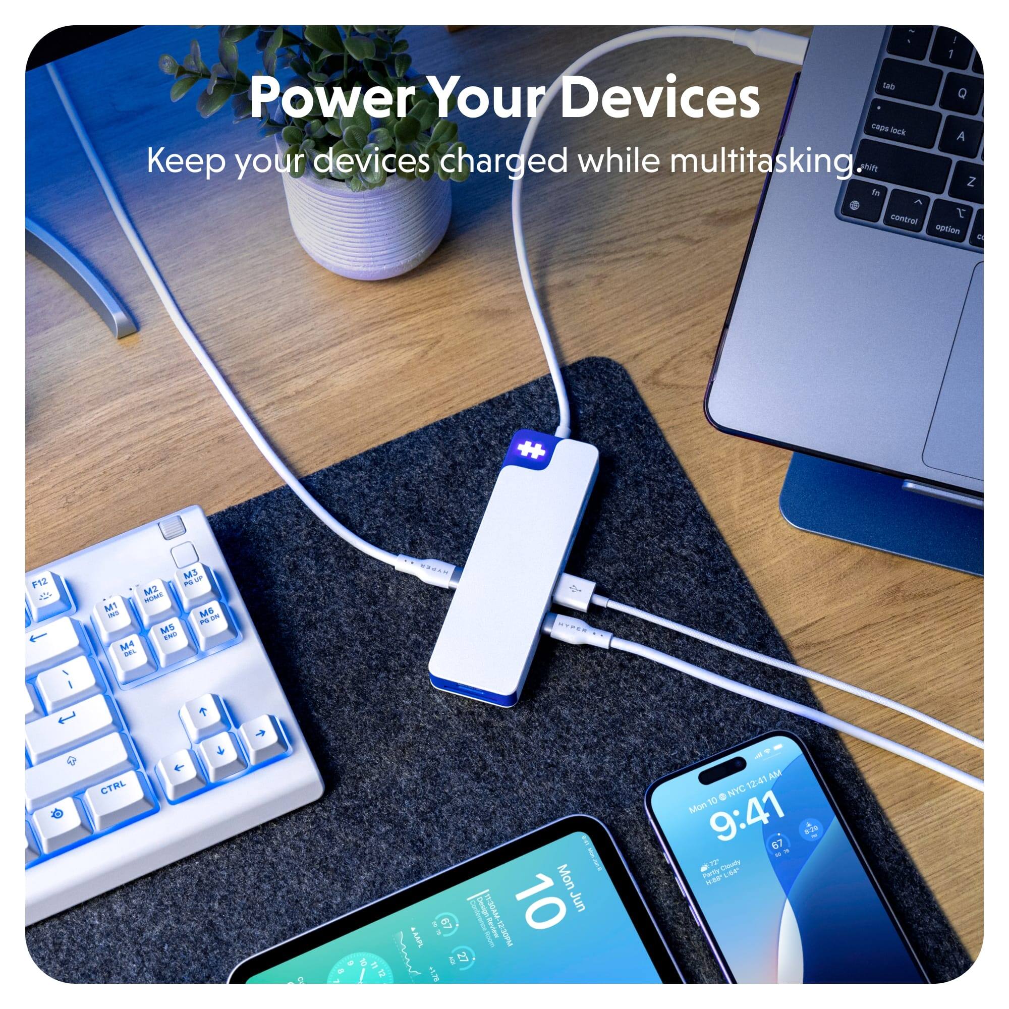 The text in the image reads: "Power Your Devices. Keep your devices charged while multitasking."