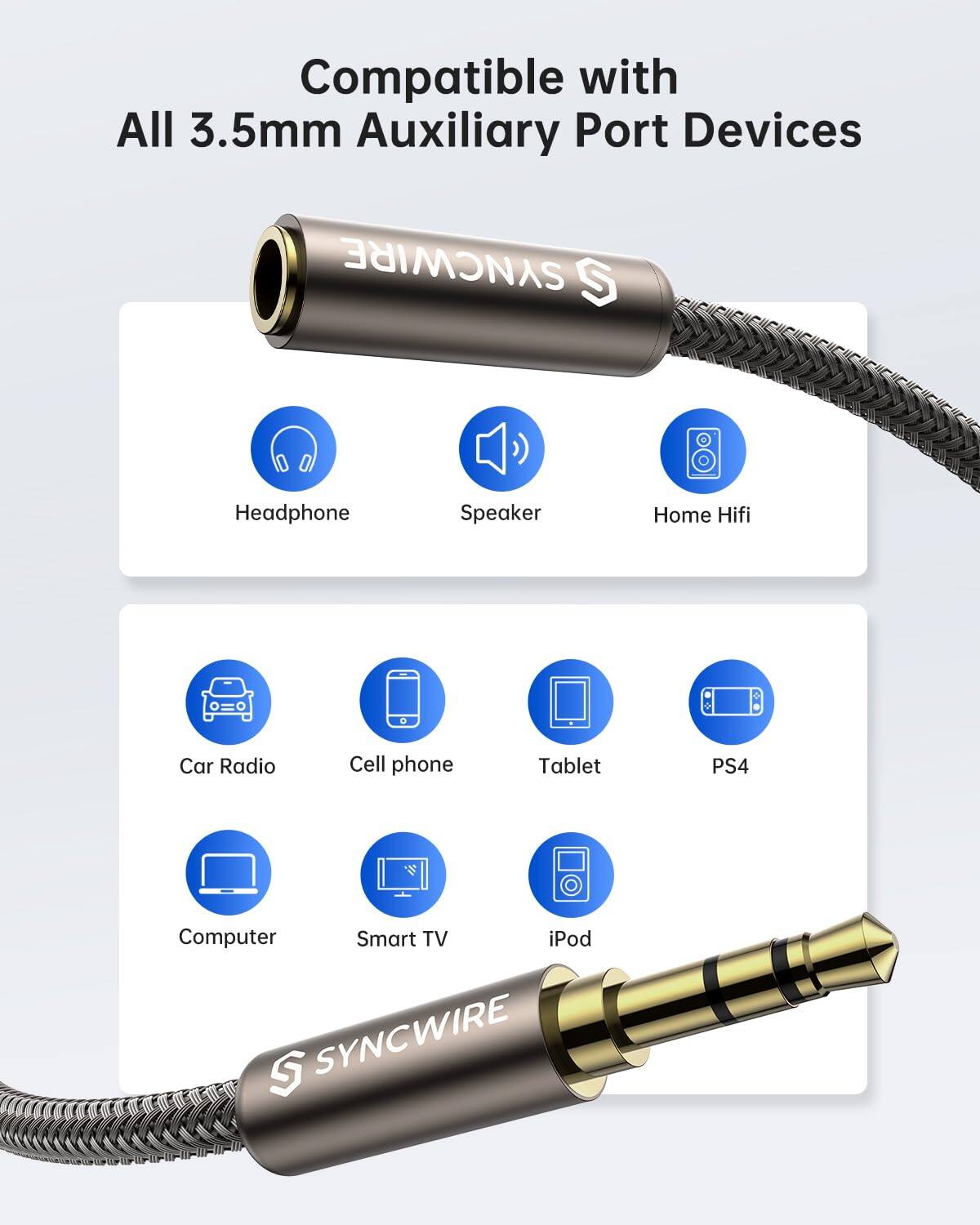 Compatible with All 3.5mm Auxiliary Port Devices

SYNCWIRE

- Headphone
- Speaker
- Home Hifi
- Car Radio
- Cell phone
- Tablet
- PS4
- Computer
- Smart TV
- iPod