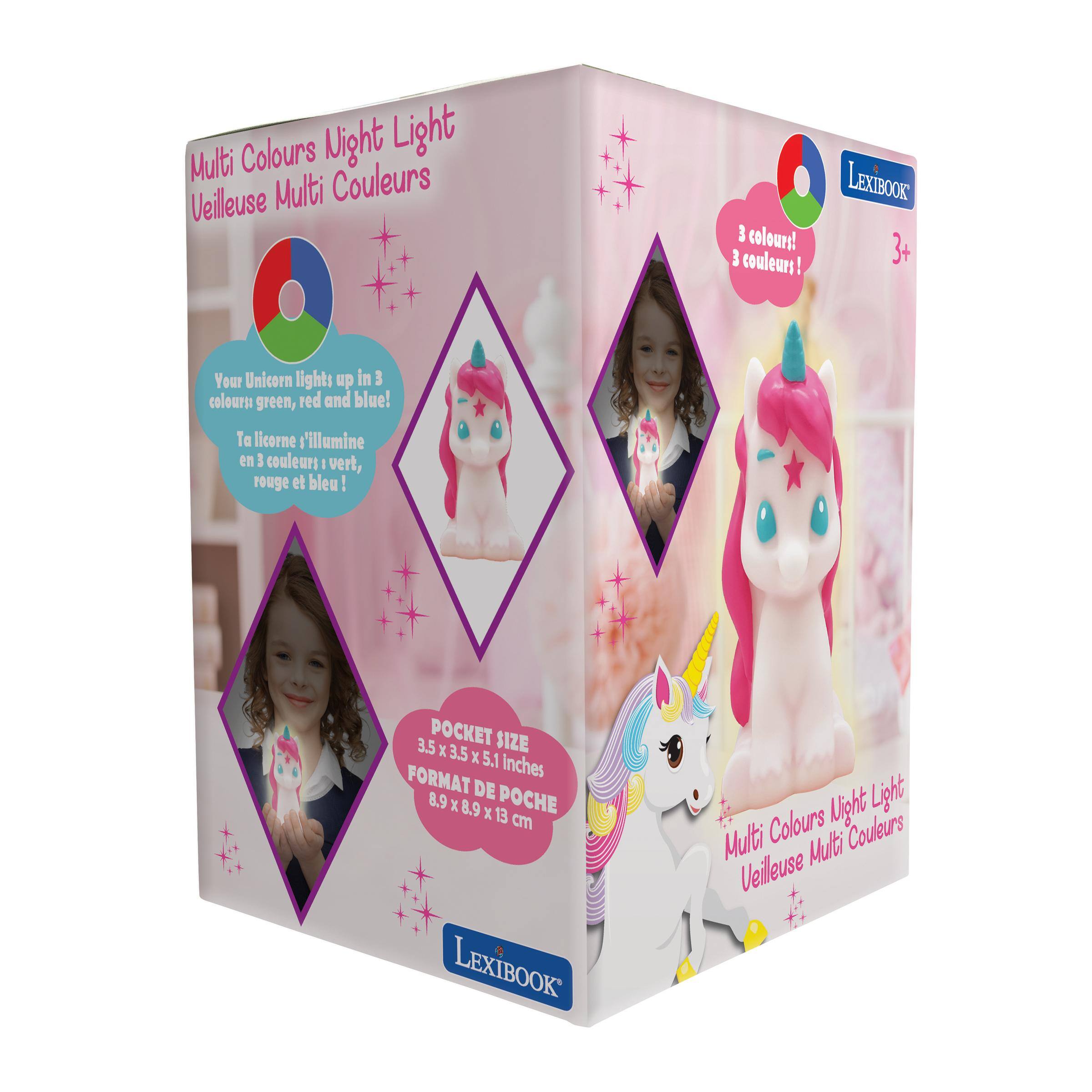 Multi Colours Night Light Veilleuse Multi Couleurs

LEXIBOOK

3 colours! 3 couleurs! 3+

Your Unicorn lights up in 3 colours: green, red and blue!
Ta licorne t'illumine en 3 couleurs: vert, rouge et bleu!

3.5 POCKET X SIZE 3.5 x 5.1 inches 8.9 DE POCHE X 8.9 x 13 cm LEXIBOOK

Night Light Multi Colours Multa Couleurs Veilleuse
