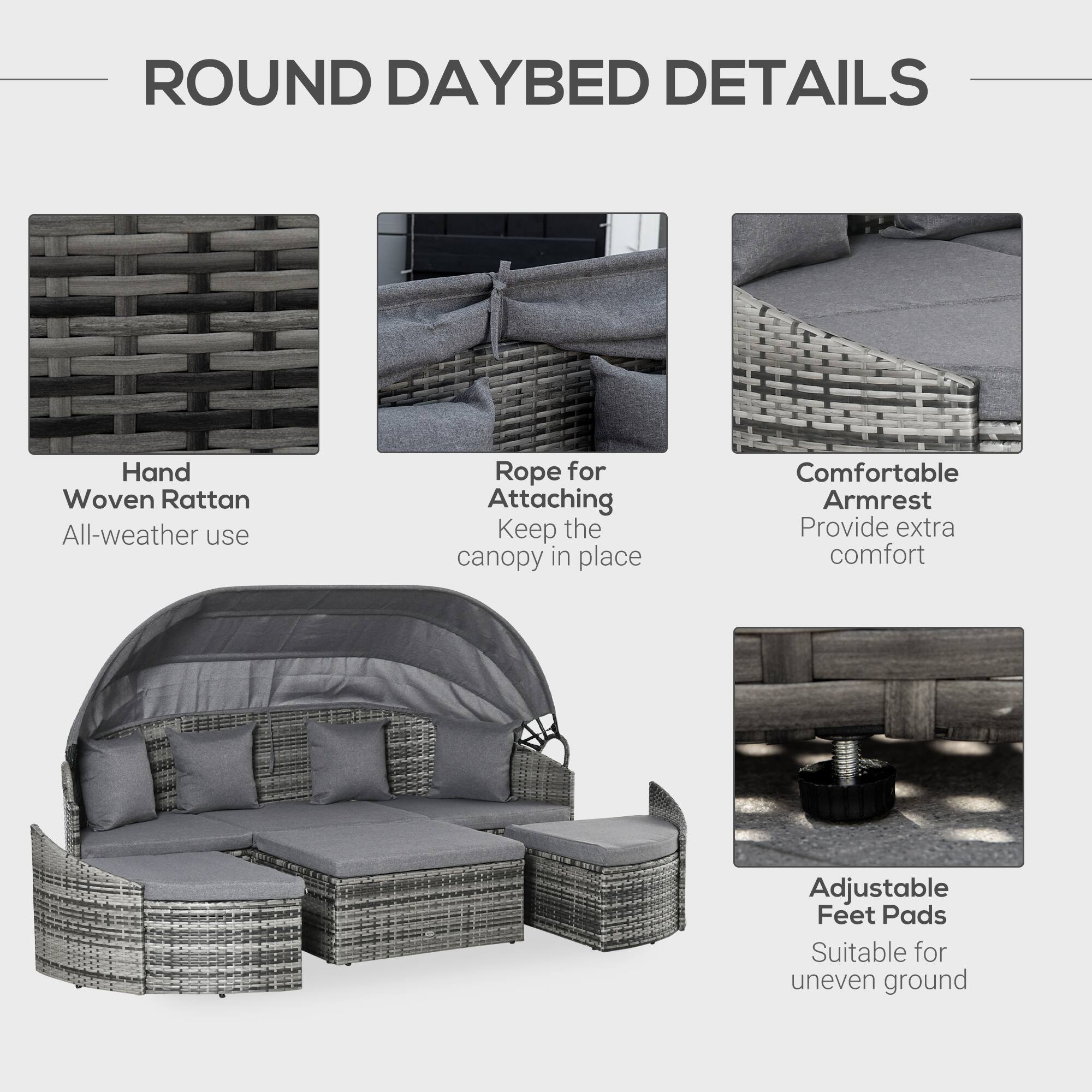 ROUND DAYBED DETAILS

Hand Woven Rattan - All-weather use
Rope for Attaching - Keep the canopy in place
Comfortable Armrest - Provide extra comfort
Adjustable Feet Pads - Suitable for uneven ground
