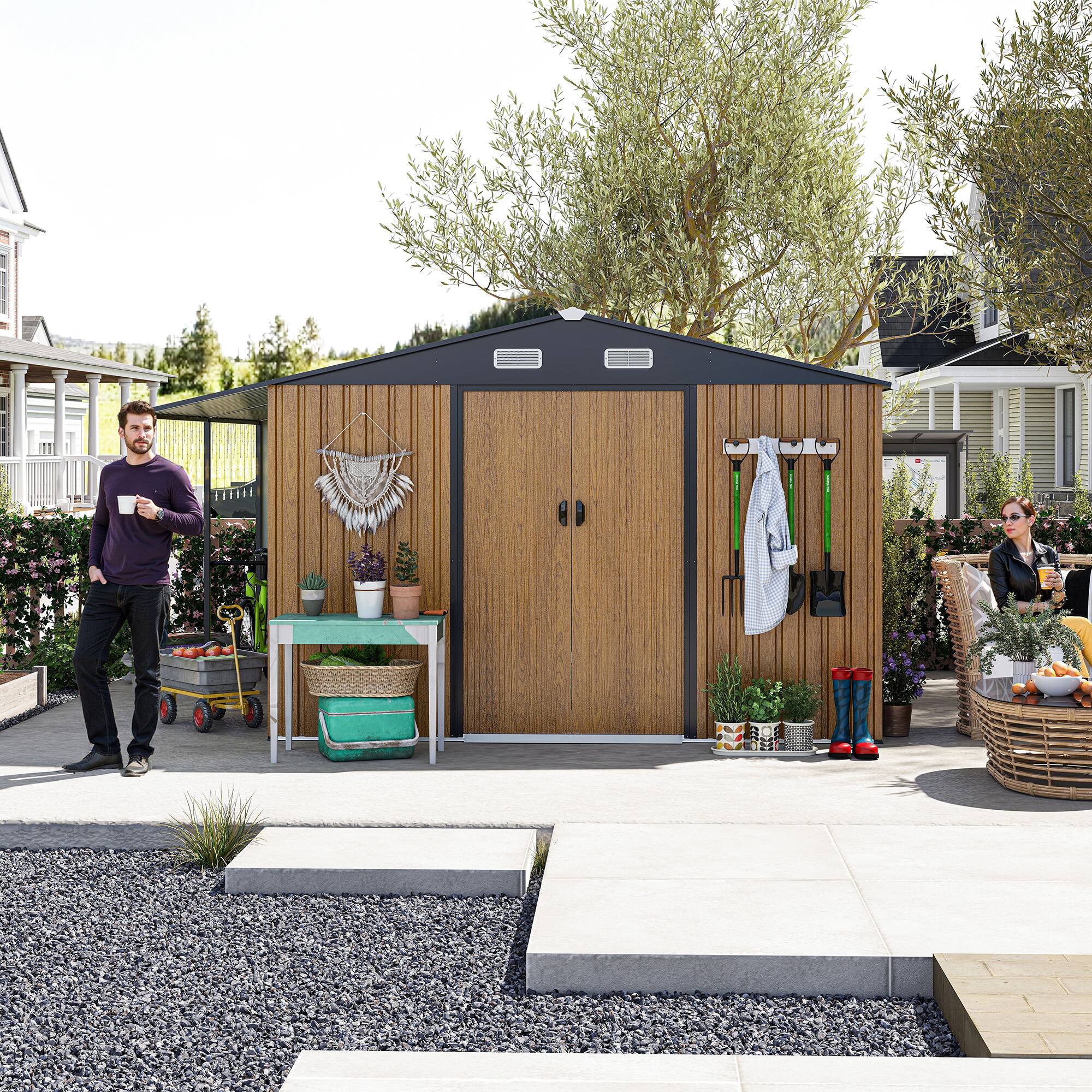 Left. Mondawe - 10x12 Ft Outdoor Storage Shed with Dual-Zone Design for Tools and Firewood and Window - Yellow.