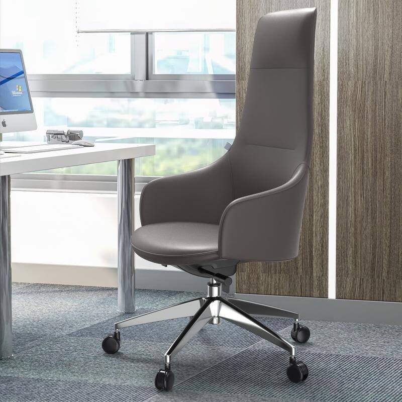 Angle. LeisureMod - Celeste High-Back Office Chair in Upholstered Leather with Iron Frame Swivel and Tilt for Desk, Study and Home Office - Grey.