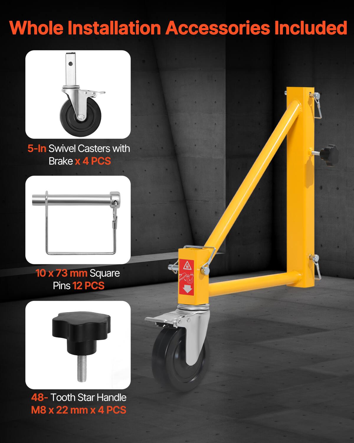 Whole Installation Accessories Included

- 5-In Swivel Casters with Brake x 4 PCS
- 10 x 73 mm Square Pins 12 PCS
- 48-Tooth Star Handle M8 x 22 mm x 4 PCS