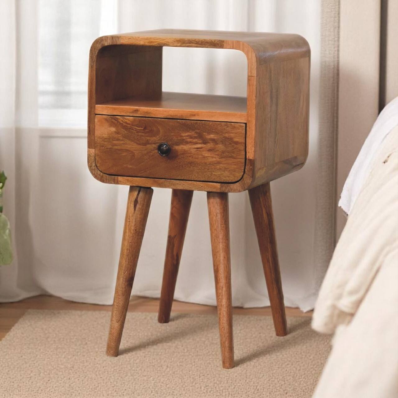 Angle. Artisan Furniture - Artisan Furniture Solid Wood Mini Oakish Curve Open Nightstand, 1 Drawer, 1 Open Slot, Nordic Legs, Light Brown - Oak.