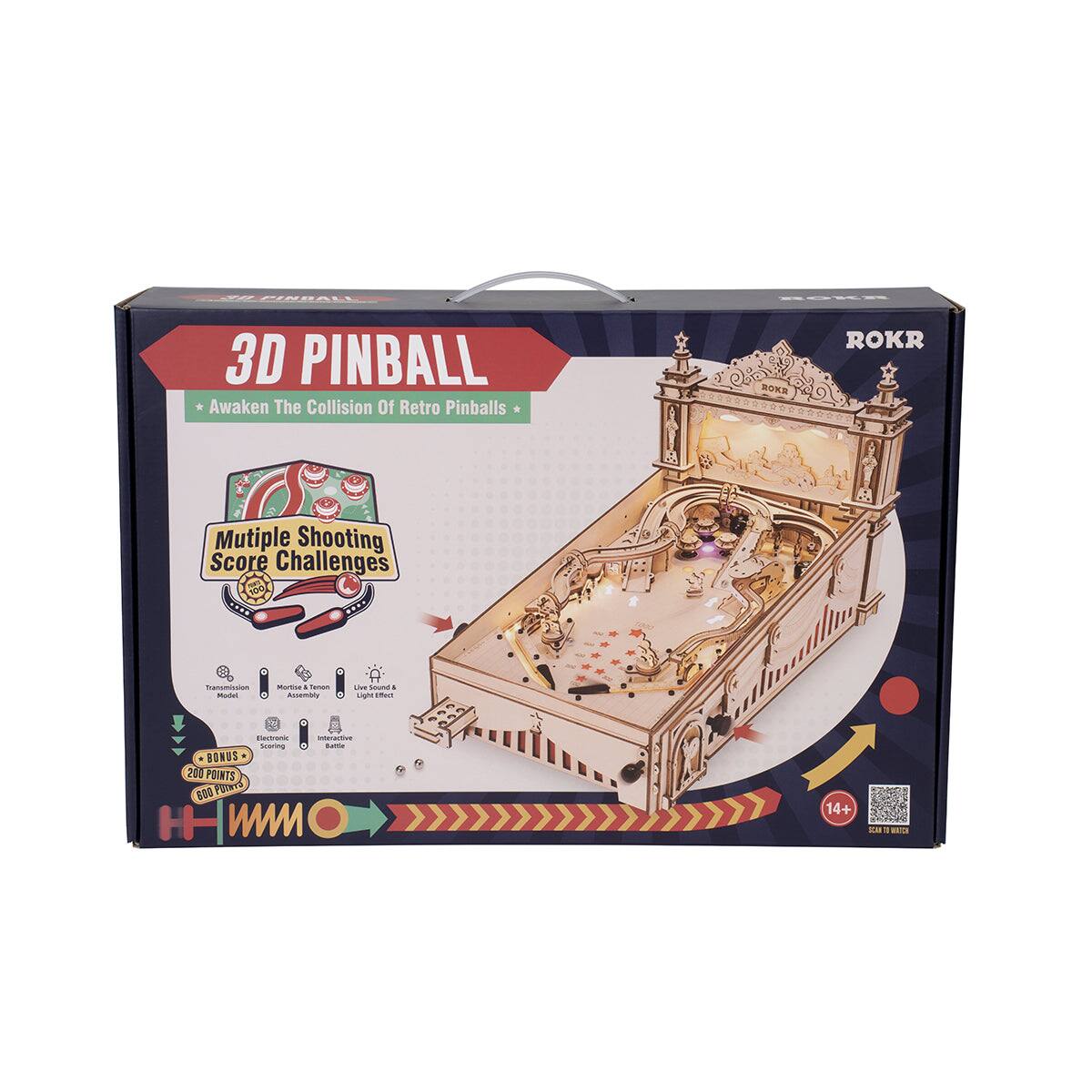 PINBALL  
ROKE  
3D PINBALL Awaken The Collision Of Retro Pinballs  
ROKR  
ROKR  
Multiple Shooting Score Challenges  
Transmission Model  
Mortise A Tenon Assembly  
Live Sound & Light Effect  
Electronic interactive Scaring Battle  
BONUS 200 POINTS 600 POTATO WIMO  
14+  
SCAN 1 WATCH