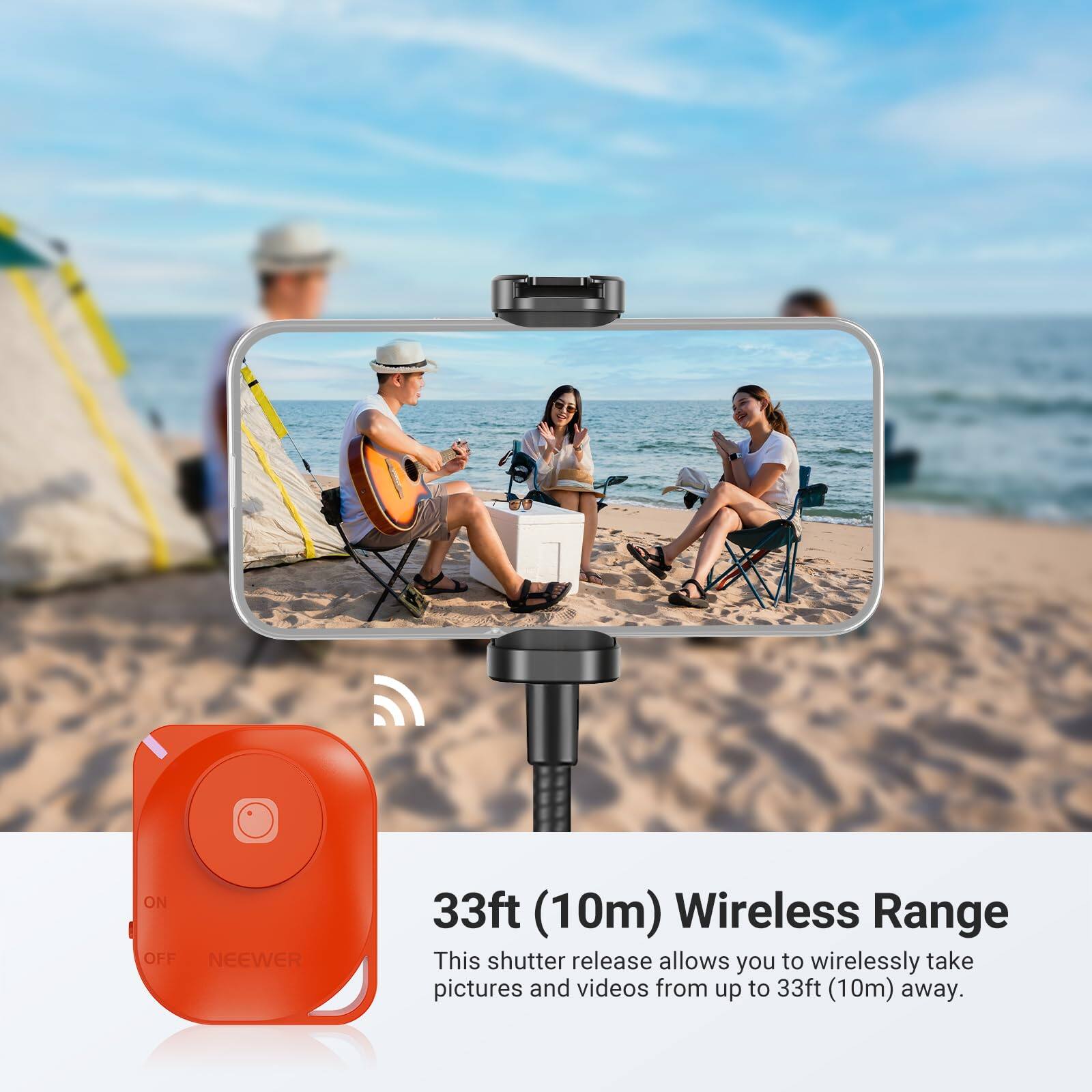 ON OFF NEEWER 33ft (10m) Wireless Range  
This shutter release allows you to wirelessly take pictures and videos from up to 33ft (10m) away.