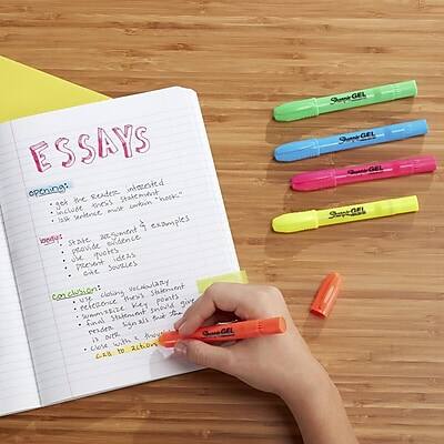 Sure, here is the corrected and grouped text from the image:

**ESSAYS**

**Opening:**
- Hook the reader
- Introduce the topic
- Thesis statement

**Body:**
- State argument
- Provide evidence
  - Quotes
  - Examples
- Use transitions
- Cite sources

**Conclusion:**
- Restate thesis
- Summarize main points
- Final thoughts
- Call to action

**Closing:**
- Final statement
- Call to action

**Additional Notes:**
- Use colorful markers for emphasis
- Keep it organized and clear

**Sample GEL:**
- Use GEL (Green-Ell) markers for highlighting

This structure helps in organizing an essay effectively.