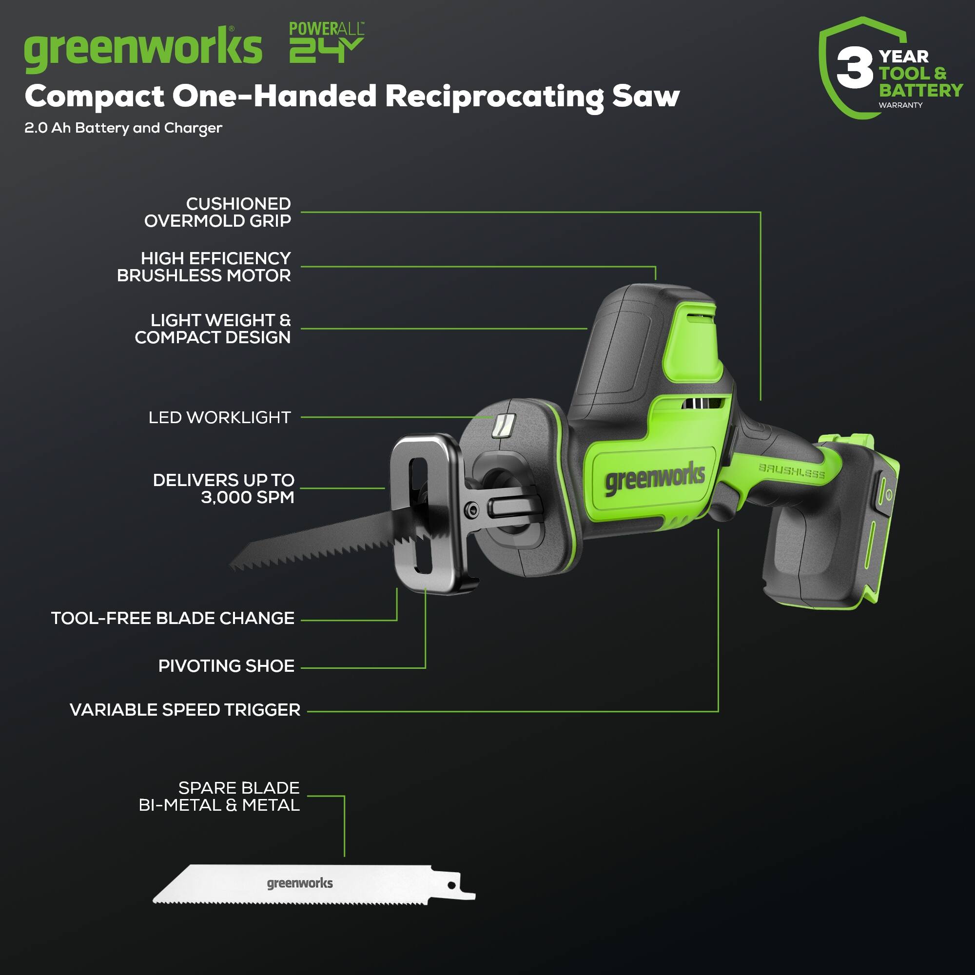 POWERALL greenworks 24 Compact One-Handed Reciprocating Saw 2.0 Ah Battery and Charger  
YEAR 3 TOOL & BATTERY WARRANTY  
CUSHIONED OVERMOLD GRIP  
HIGH EFFICIENCY BRUSHLESS MOTOR  
LIGHT WEIGHT & COMPACT DESIGN  
LED WORKLIGHT DELIVERS UP TO 3,000 SPM  
greenworks  
TOOL-FREE BLADE CHANGE  
PIVOTING SHOE  
VARIABLE SPEED TRIGGER  
SPARE BLADE BI-METAL & METAL