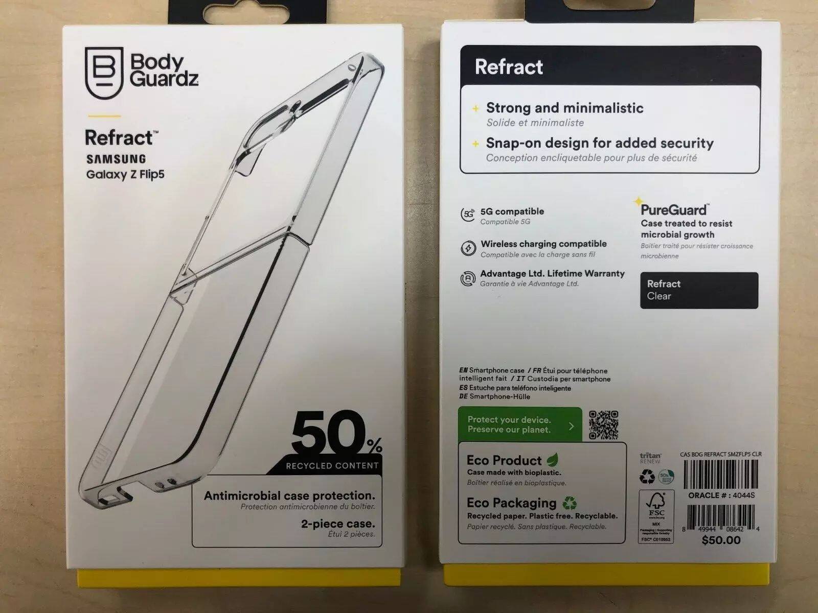 **Body Guardz**

**Refract™**  
SAMSUNG Galaxy Z Flip5

**50% RECYCLED CONTENT**  
Antimicrobial case protection.  
2-piece case.

**Refract**  
Strong and minimalistic  
Snap-on design for added security  
Solid et minimaliste  
Conception encliquetable pour plus de sécurité

**5G compatible**  
Compatible 5G

**Wireless charging compatible**  
Compatible avec la charge sans fil

**Advantage Ltd. Lifetime Warranty**  
Garantie à vie Advantage Ltd.

**PureGuard™**  
Case treated to resist microbial growth  
Boitier traité pour résister à la croissance microbienne

**Eco Product**  
Case made with bioplastic.  
Bolier réalisé en bioplastique.

**Eco Packaging**  
Recycled paper. Plastic free. Recyclable.  
Papier recyclé. Sans plastique. Recyclable.

**Protect your device. Preserve our planet.**  
Protégez votre appareil. Préservez notre planète.

**EN Smartphone case / FR étui pour téléphone intelligent / IT Custodia per smartphone / ES Estuche para teléfono inteligente / DE Smartphone