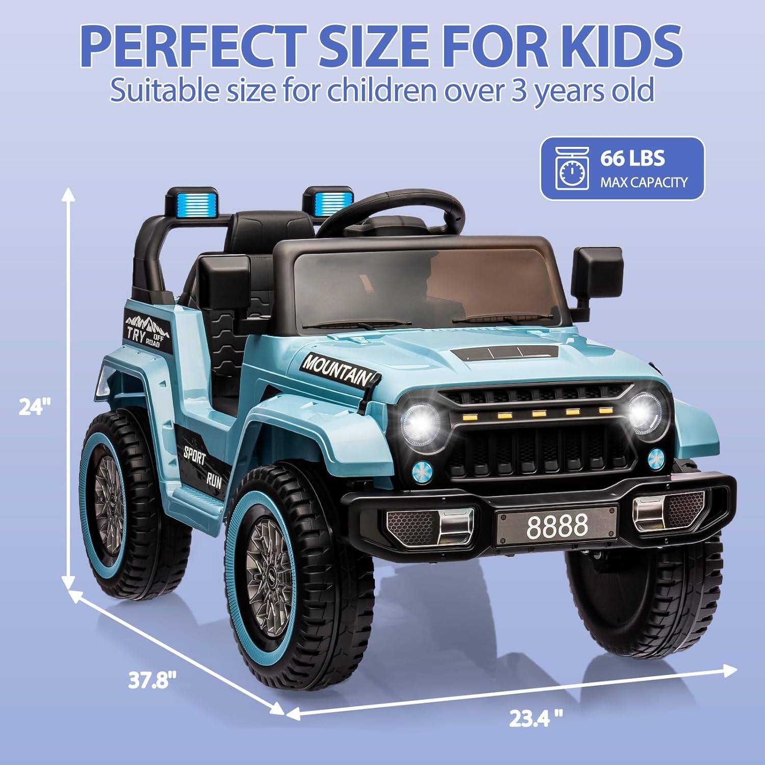 PERFECT SIZE FOR KIDS  
Suitable size for children over 3 years old  

66 LBS MAX CAPACITY  

24"  
37.8"  
23.4"  

TRY A DFV  
MOUNTAIN SPORT RUN  
8888