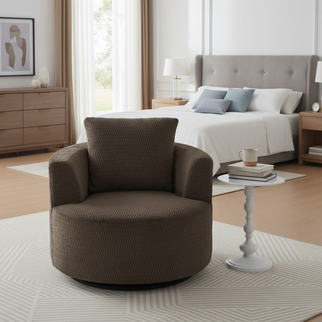 Forest'nSky - Compressible 360° Swivel Accent Chair, Modern Linen Barrel Chair for Living Room, Home Office & Apartment - Dark Brown