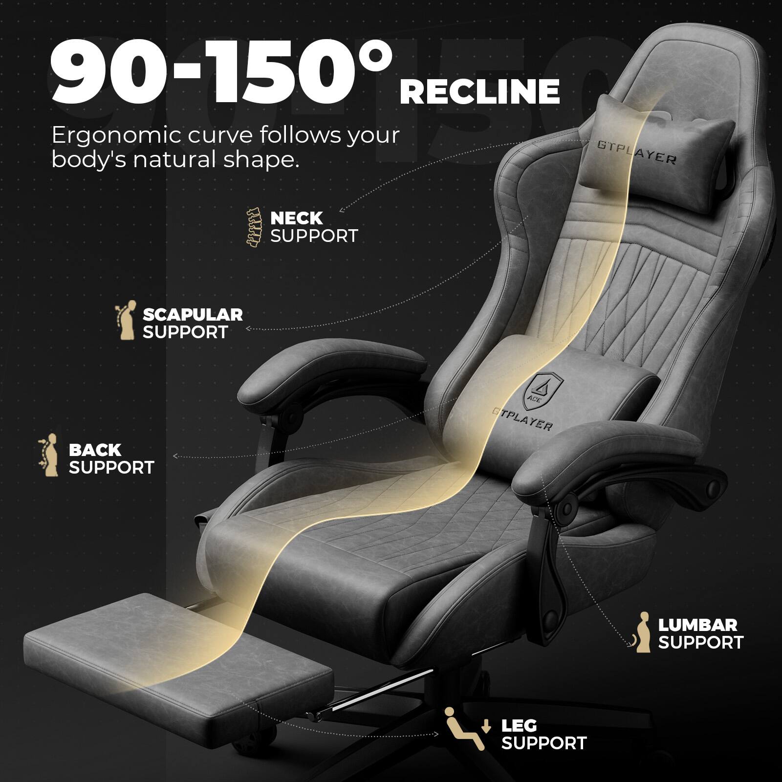 90-150° RECLINE Ergonomic curve follows your body's natural shape. GTPLAYER NECK SUPPORT SCAPULAR SUPPORT BACK SUPPORT LUMBAR SUPPORT LEG SUPPORT