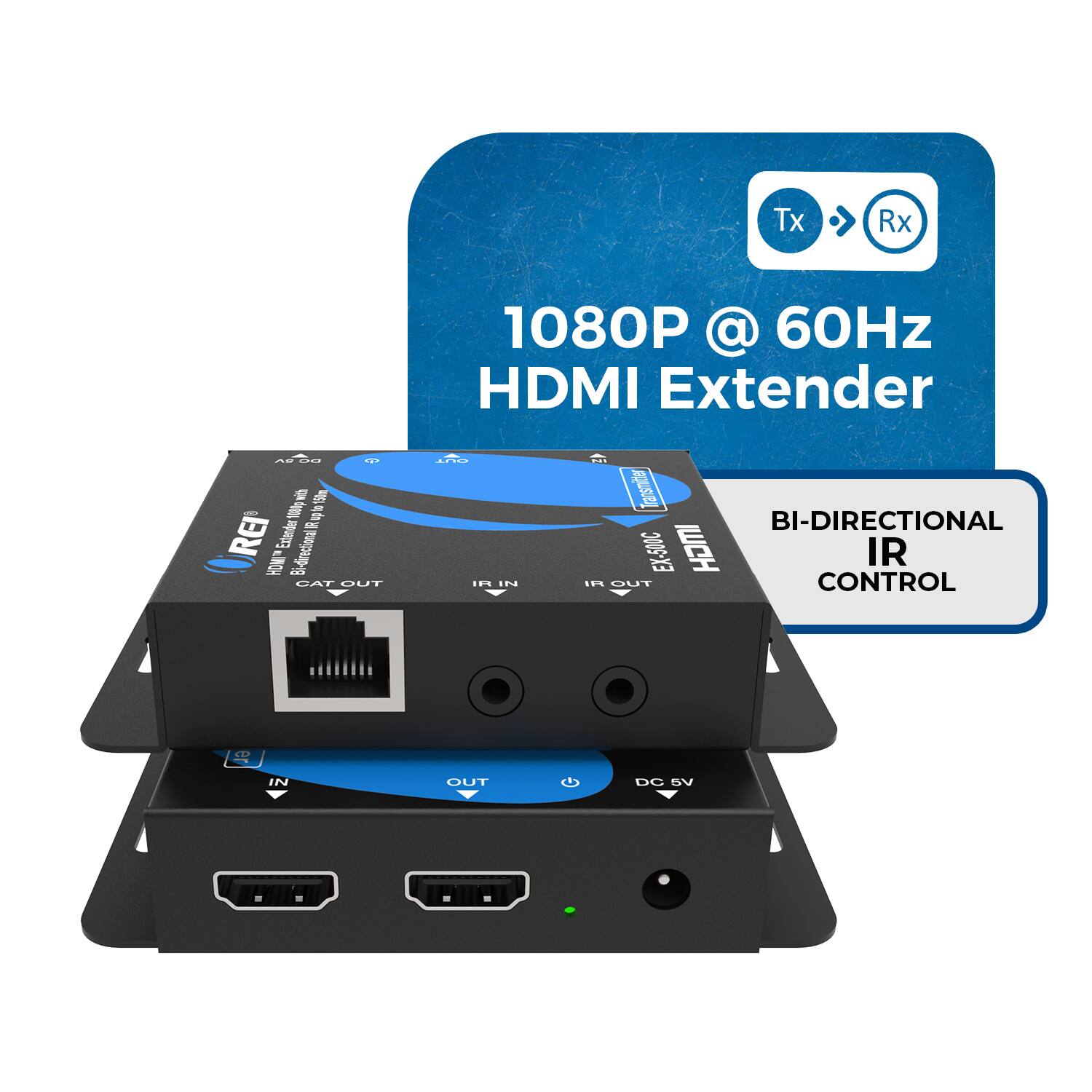 The corrected text is:

"1080P @ 60Hz HDMI Extender 15m DGS - P i a REI Extends HON Bi-directional CAT DUT ... Nir Transmitter BI-DIRECTIONAL ... QUT EX-500C HDMI CONTROL IR E2 IN OUT DC 5V"