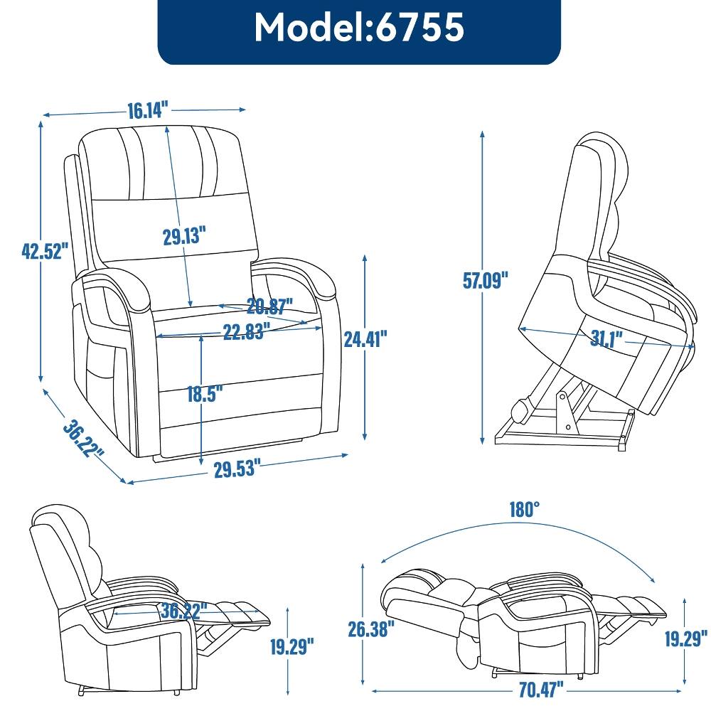 Model: 6755

16.14"
42.52"
29.13" 20.87" 22.83"
24.41"
57.09"
31.1"
36.22"
18.5" 29.53"
180
36.22"
19.29"
26.38"
19.29"
70.47"