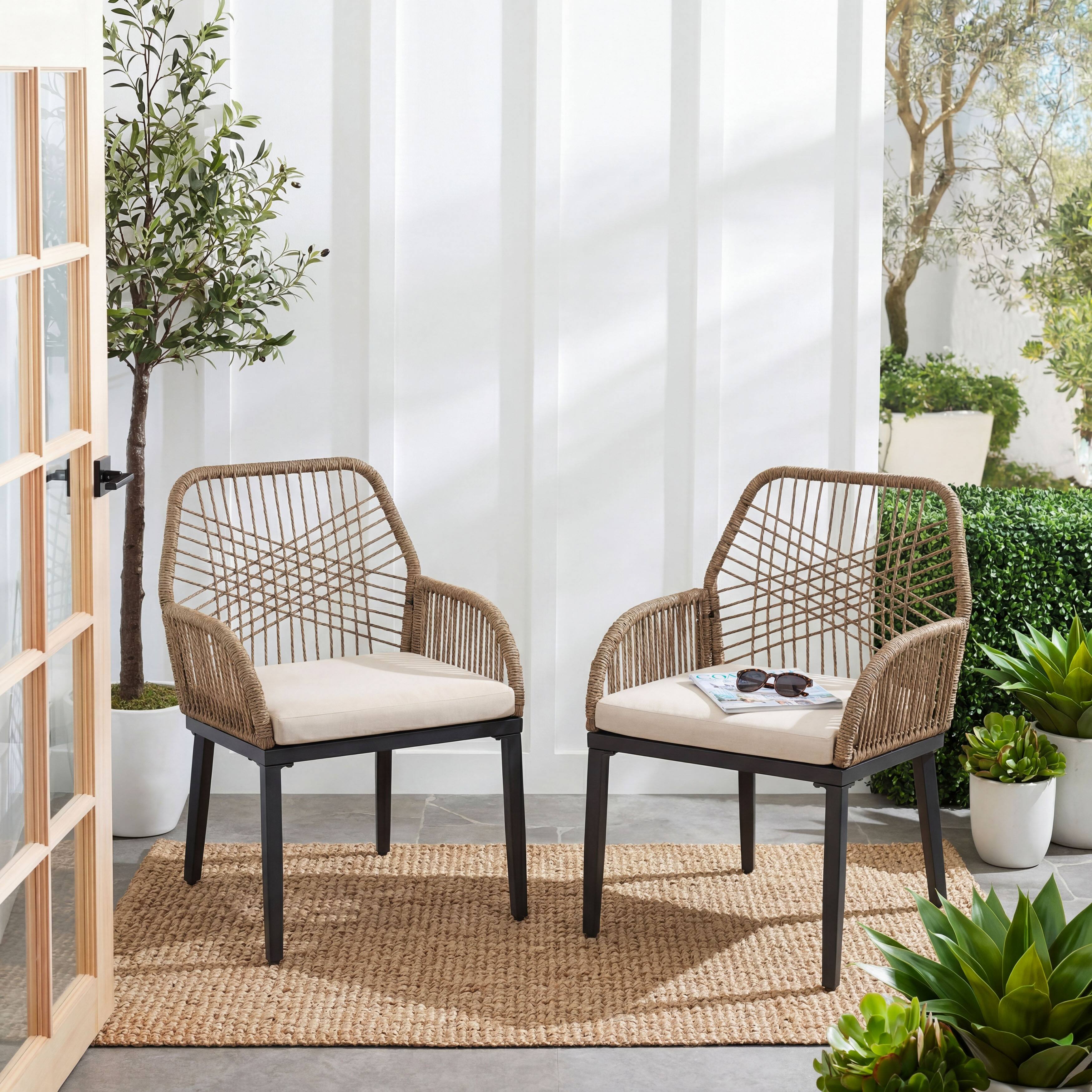 Left. Nuu Garden - 2-Piece Patio Dining Chair Set with Zippered Cushions, Twisted Rattan - Brown and Beige.