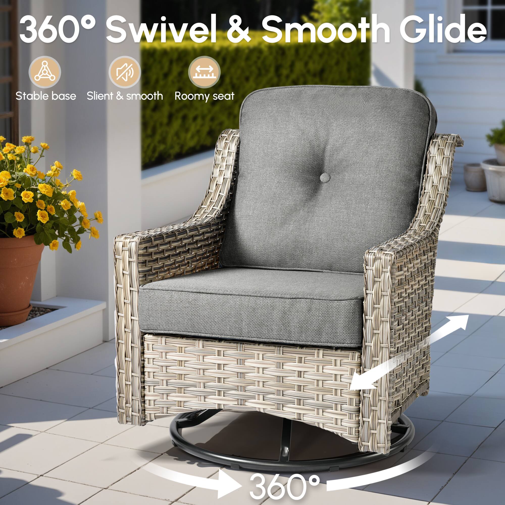360° Swivel & Smooth Glide

- Stable base
- Silent & smooth
- Roomy seat

360°
