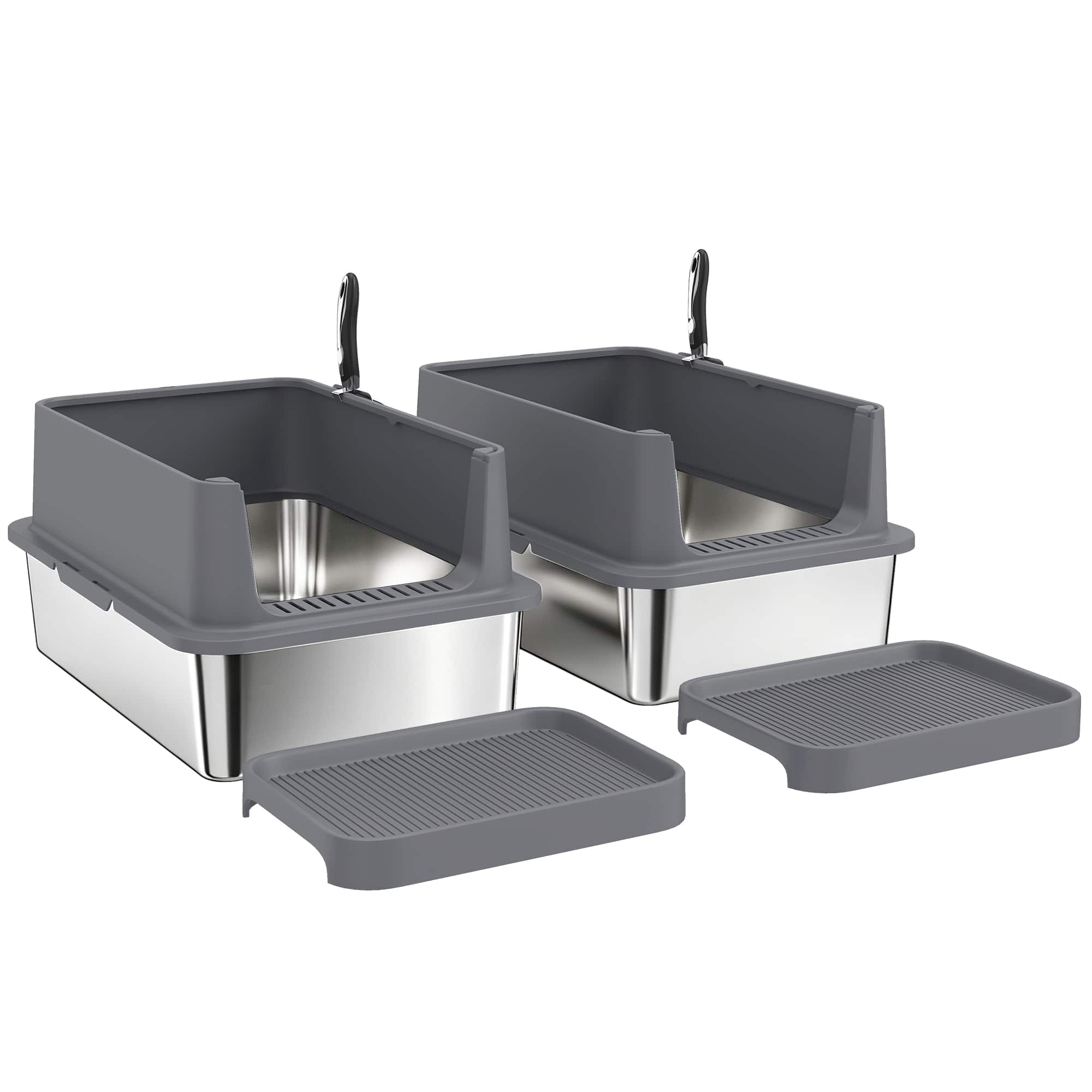 Front. Pawhut - Pack XL Stainless Steel Litter Box - Dark gray, silver.