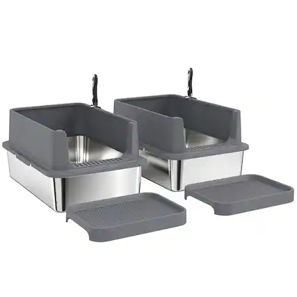 Front. Pawhut - Pack XL Stainless Steel Litter Box - Dark gray, silver.