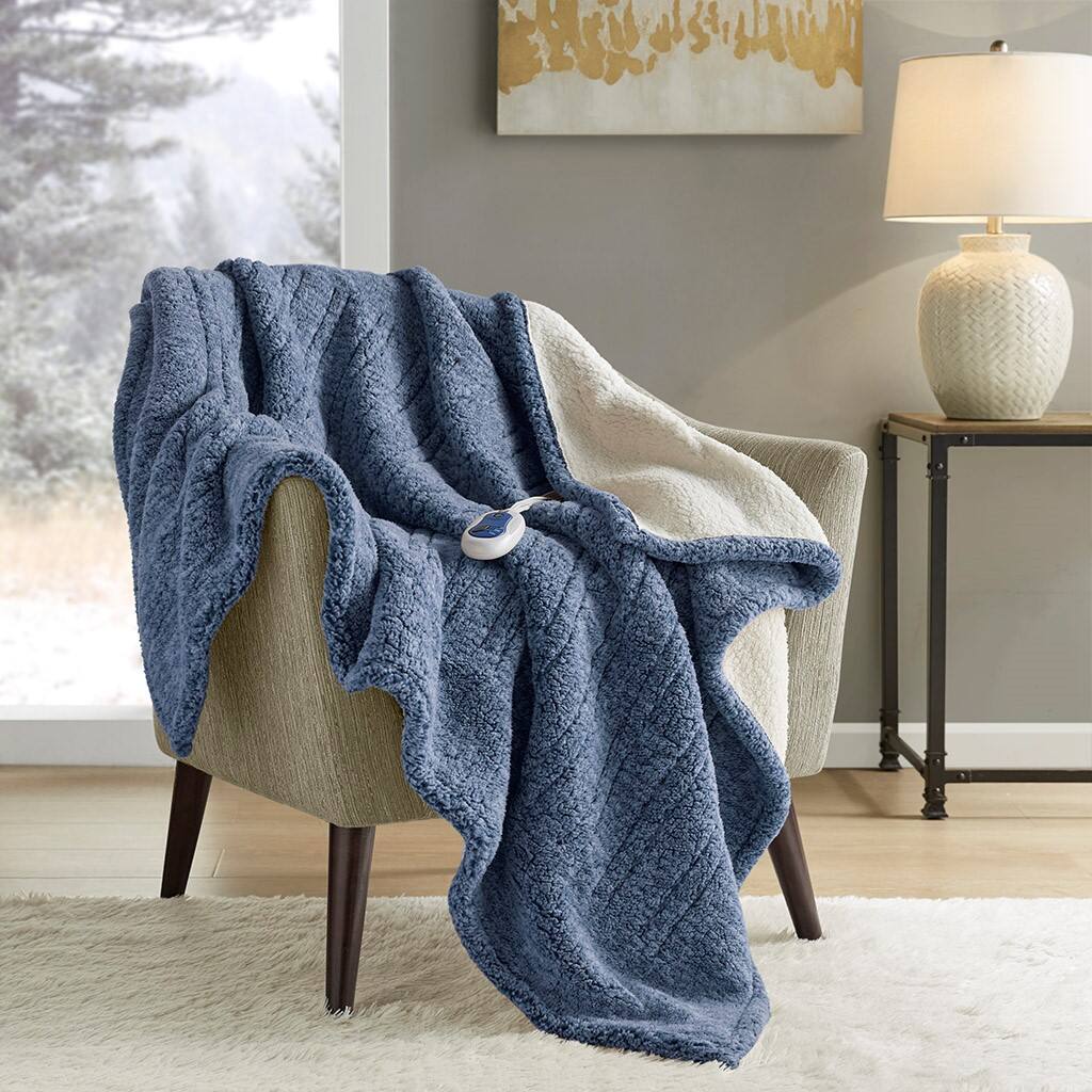 Alt View 1. Gracie Mills - Gracie Mills Mckinley Solid Heated Sherpa Throw - Blue.