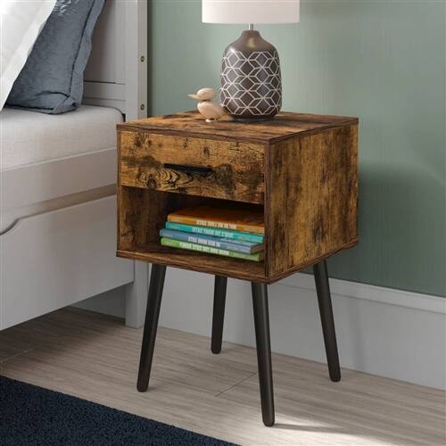 Angle. Hivvago - Mid-Century Modern Farmhouse 1-Drawer Nightstand with Open Shelf - Black, Rustic Brown.