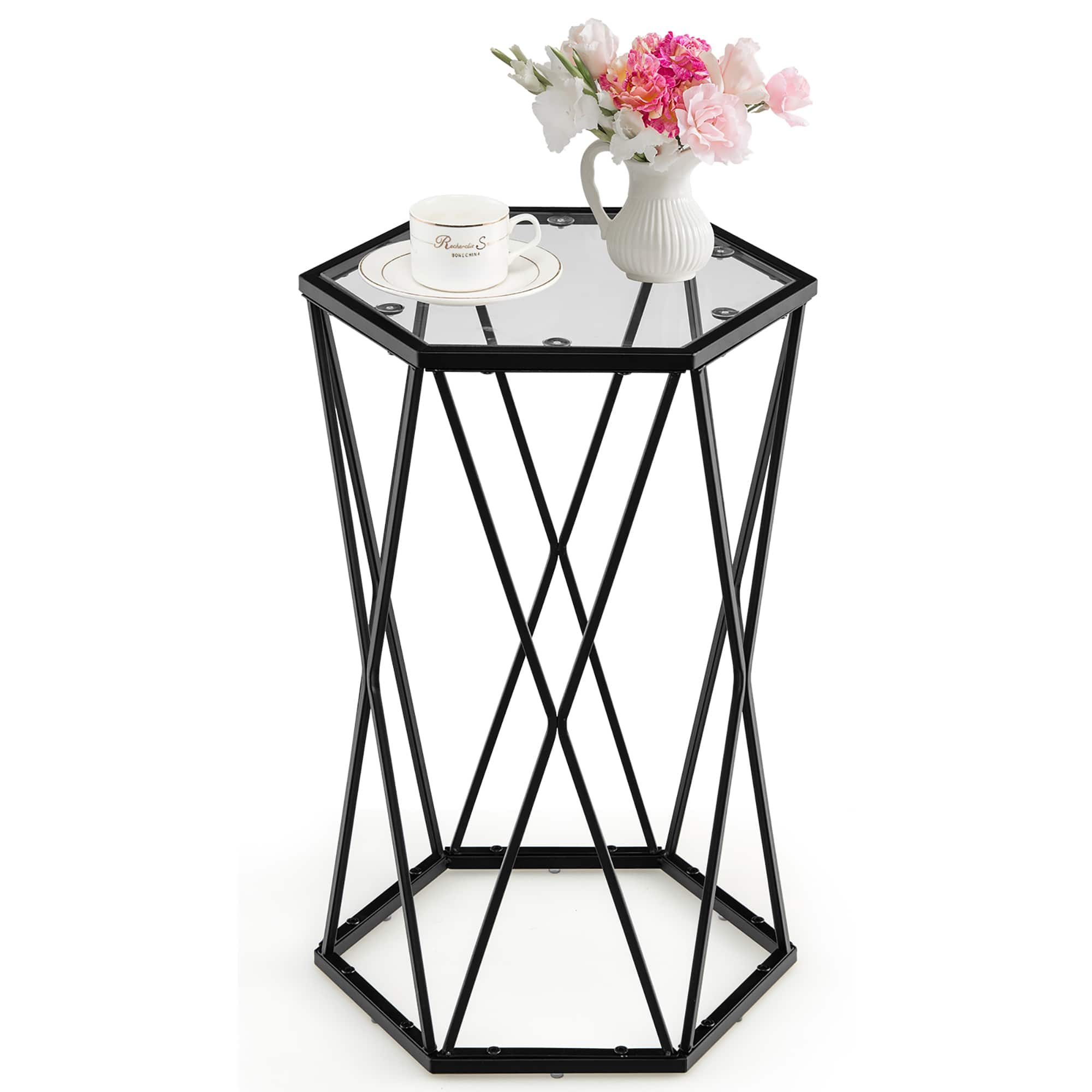 Costway - End Table Tempered Glass Top Metal Frame Hexagonal Accent Side Table Living Room - Black