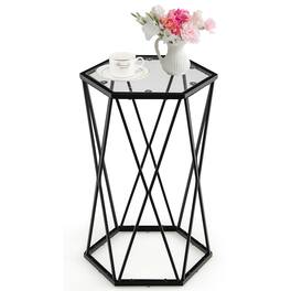 Costway - End Table Tempered Glass Top Metal Frame Hexagonal Accent Side Table Living Room - Black