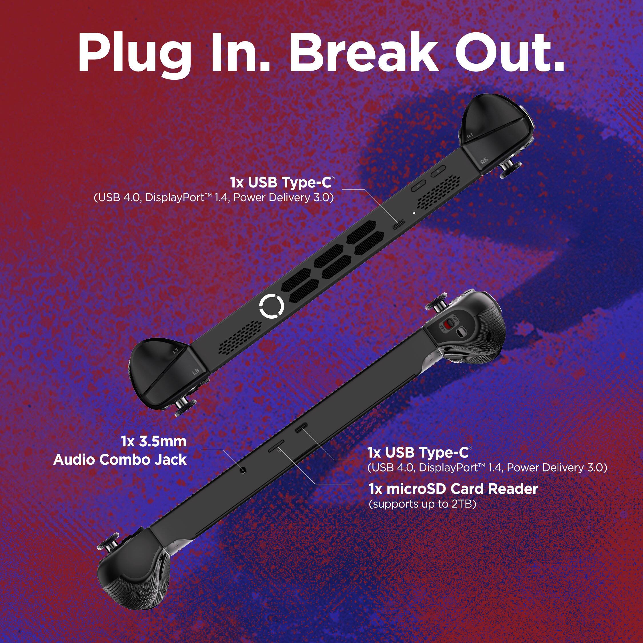 Plug In. Break Out.

1x USB Type-C  
(USB 4.0, DisplayPort™ 1.4, Power Delivery 3.0)

1x 3.5mm Audio Combo Jack

1x USB Type-C  
(USB 4.0, DisplayPort™ 1.4, Power Delivery 3.0)

1x microSD Card Reader  
(supports up to 2TB)