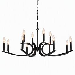 RYHNUYNE - 12-Light Farmhouse Chandelier in Matte Black, Industrial Metal Pendant for High Ceilings in Living Rooms, Dining Rooms