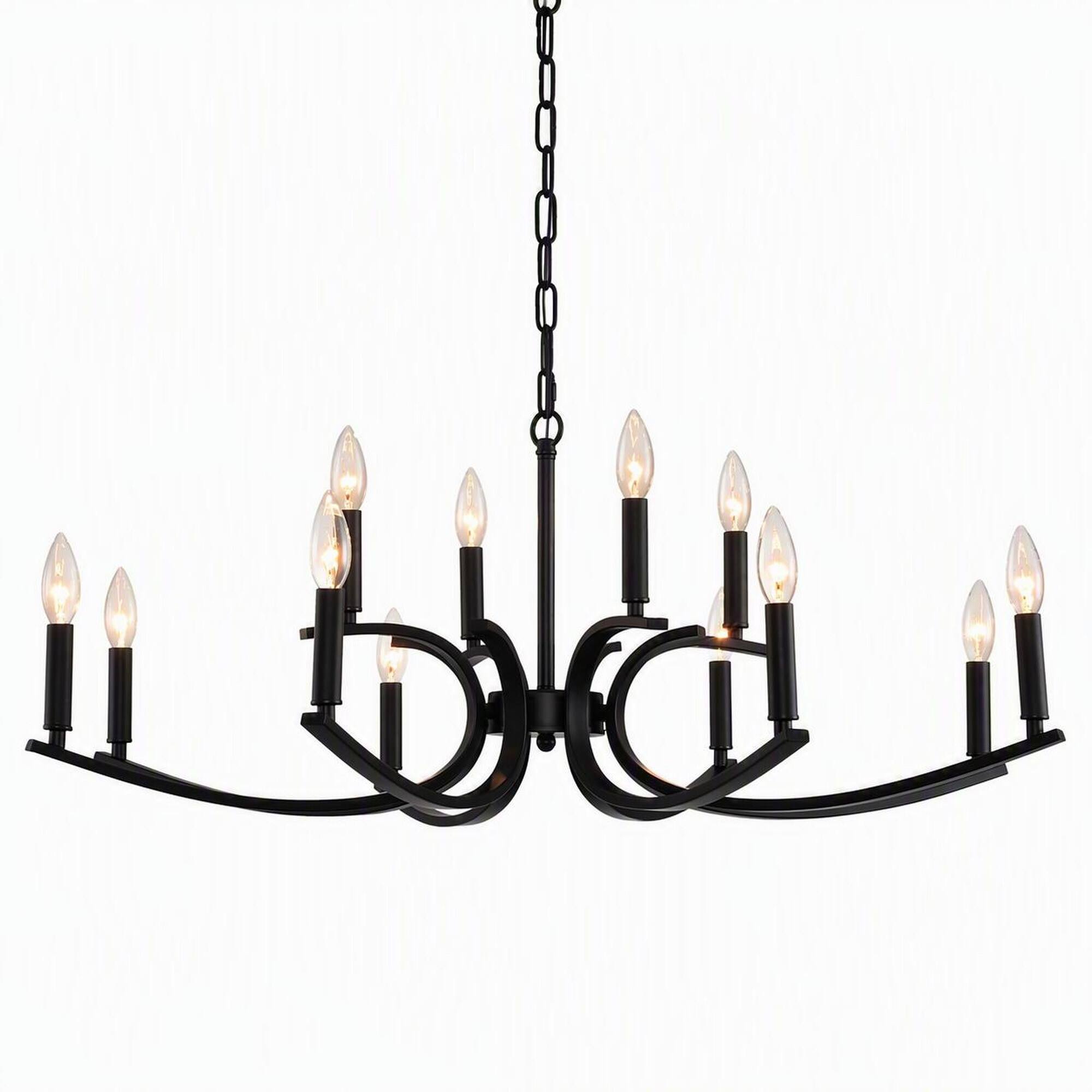 Front. RYHNUYNE - 12-Light Farmhouse Chandelier in Matte Black, Industrial Metal Pendant for High Ceilings in Living Rooms, Dining Rooms.