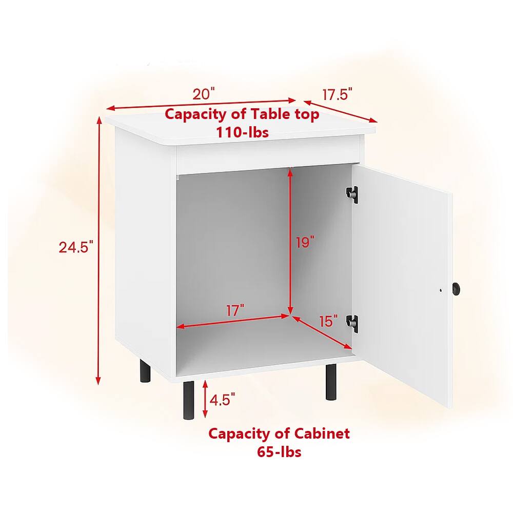 - Capacity of Table top: 110-lbs
  - Width: 20"
  - Depth: 17.5"

- Capacity of Cabinet: 65-lbs
  - Height: 24.5"
  - Width: 19"
  - Depth: 17"
  - Shelf Depth: 15"
  - Shelf Height: 4.5"