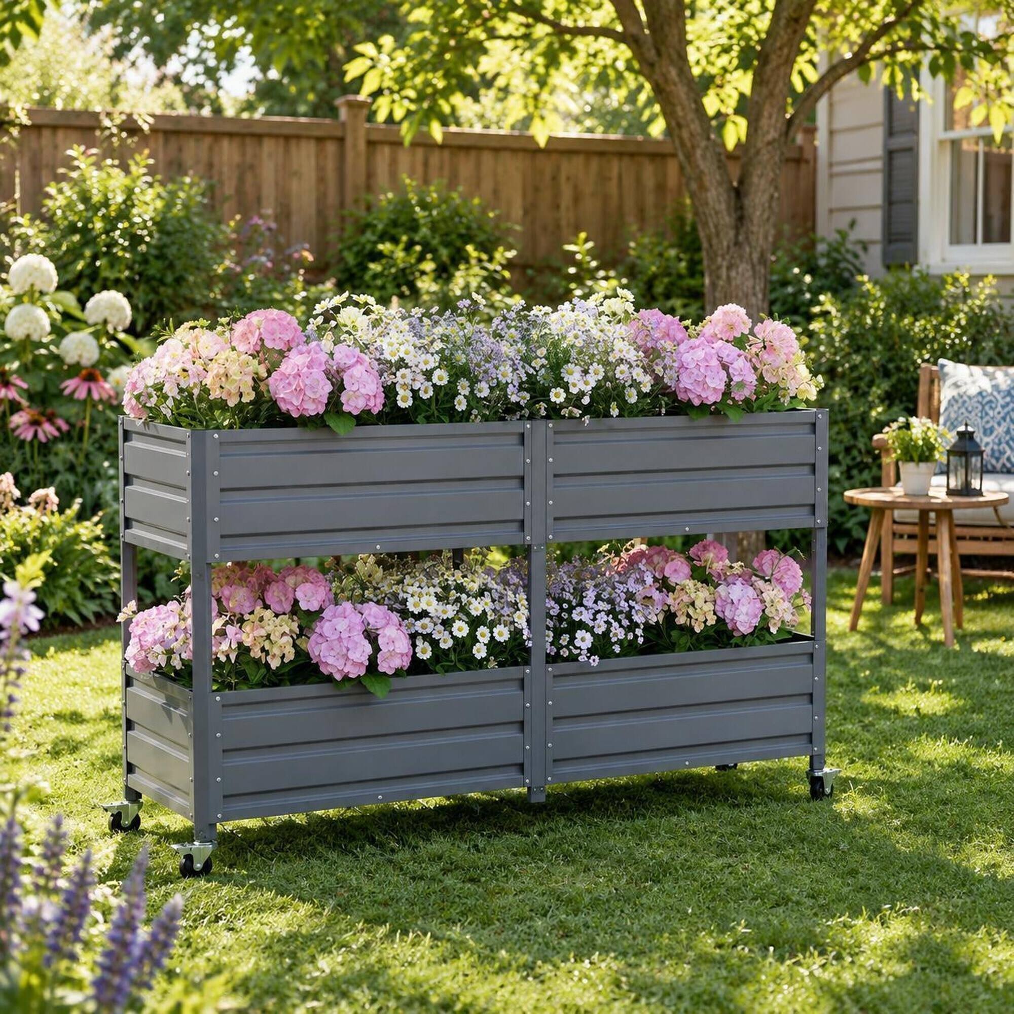 Alt View 2. RYHNUYNE - Grey Elevated Two Tier Metal Raised Garden Bed with Lockable Wheels for Patio Backyard Vegetable Herb and Flower - Grey.