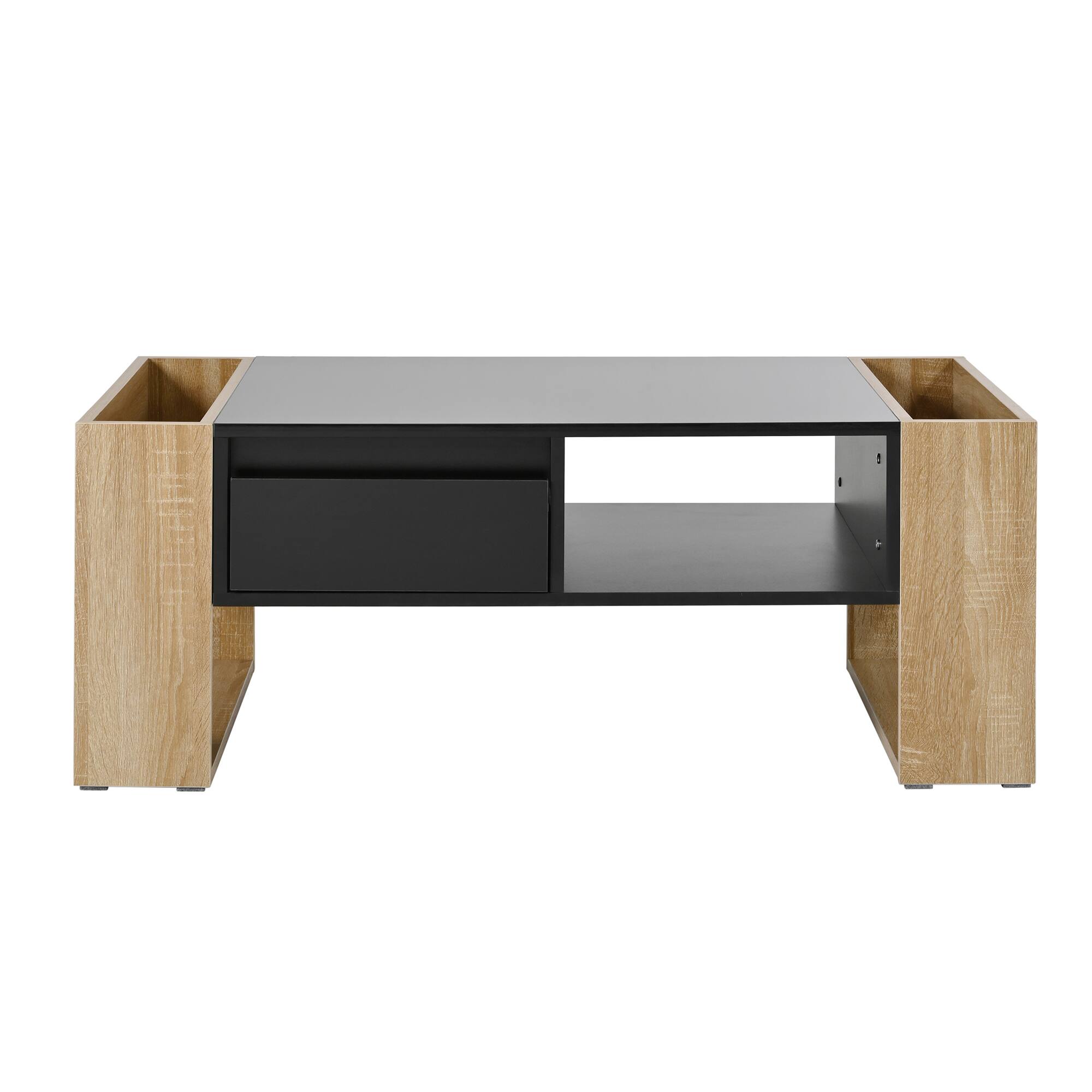Alt View 5. Tiramisubest - High Glossy Coffee Table with 2 Drawers,Practical Two Tone Center Table with Hidden Compartments,Open Shelf,Black - Black+Natural.